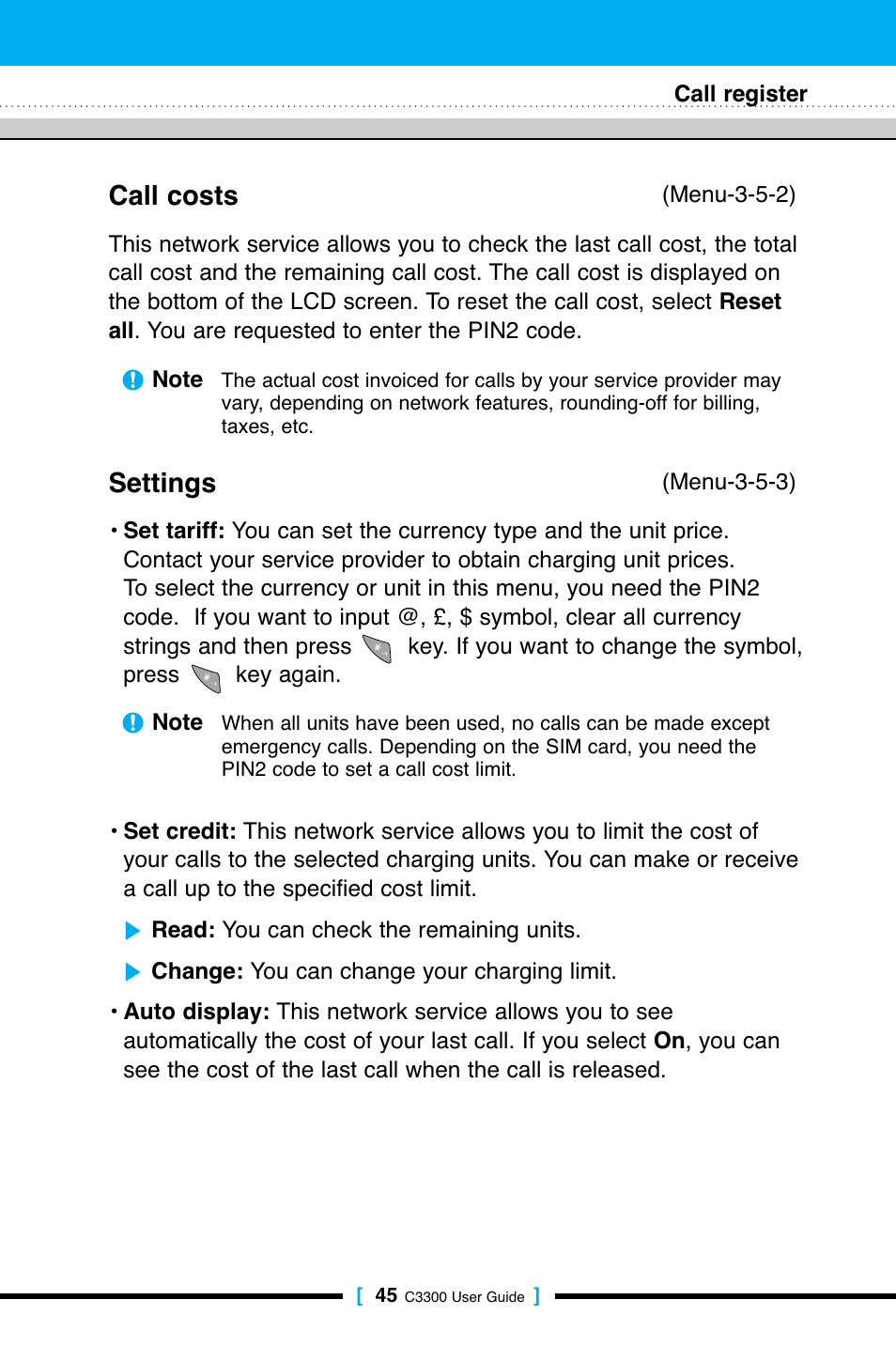 Call costs, Settings | LG C3300 User Manual | Page 44 / 99