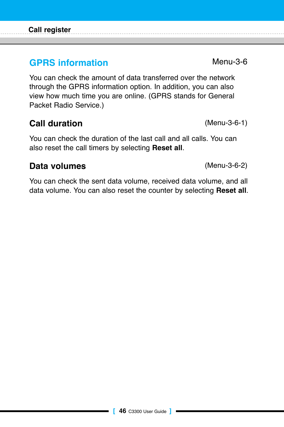 Gprs information, Call duration, Data volumes | LG C3300 User Manual | Page 45 / 99