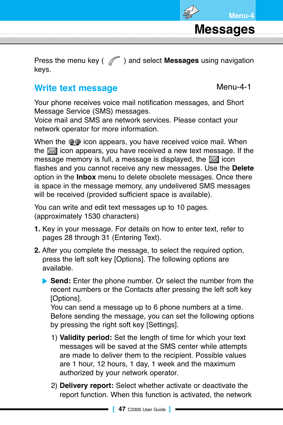 Messages, Write text message | LG C3300 User Manual | Page 46 / 99