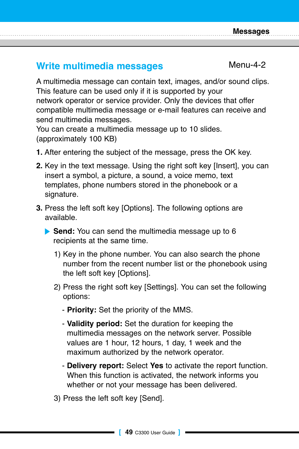 Write multimedia messages | LG C3300 User Manual | Page 48 / 99