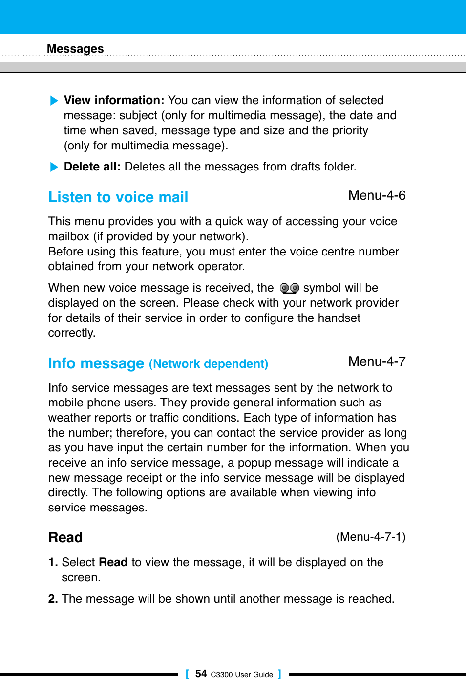 Listen to voice mail, Info message, Read | LG C3300 User Manual | Page 53 / 99