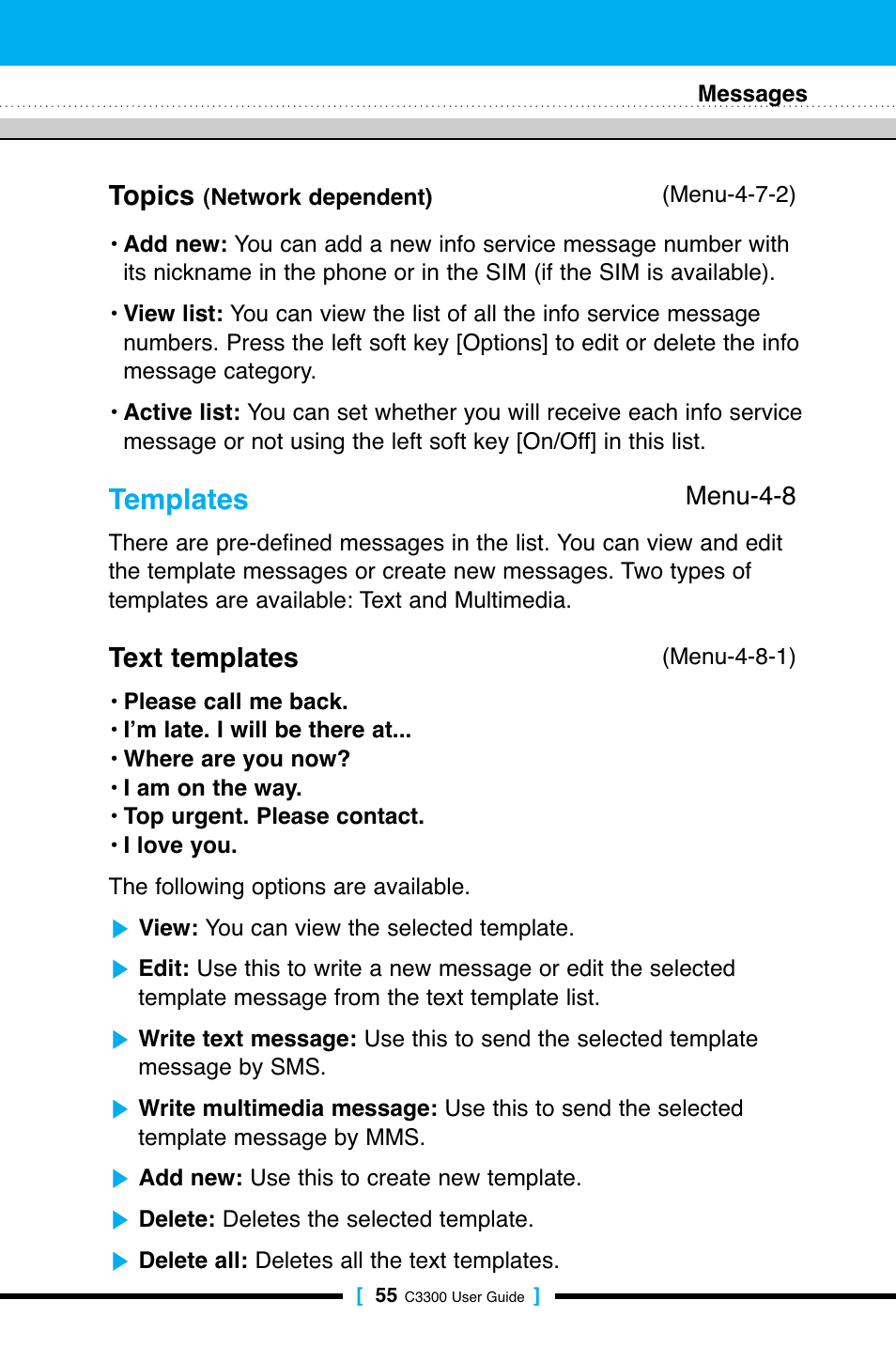 Templates, Topics, Text templates | LG C3300 User Manual | Page 54 / 99