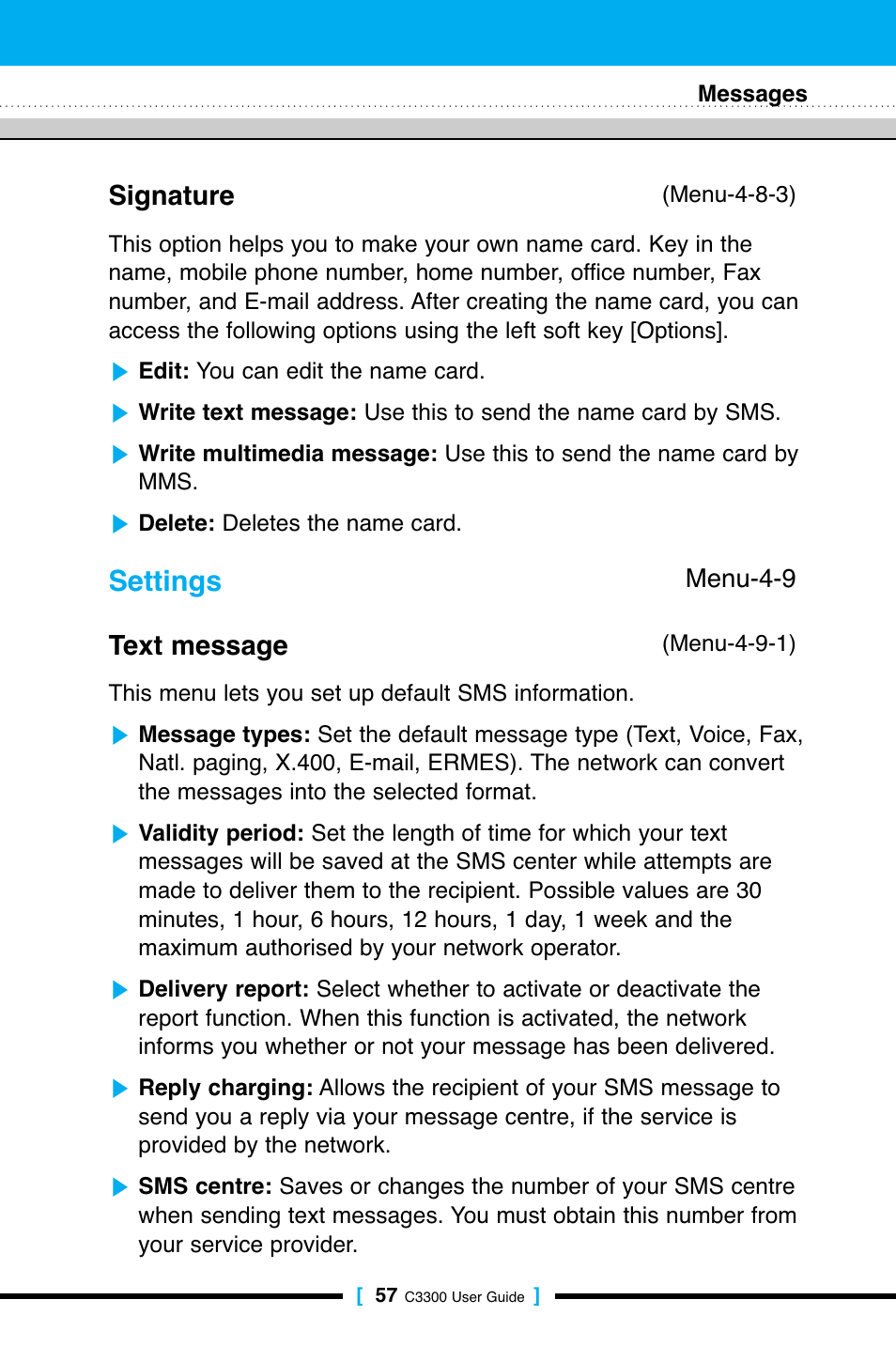 Settings, Signature, Text message | LG C3300 User Manual | Page 56 / 99