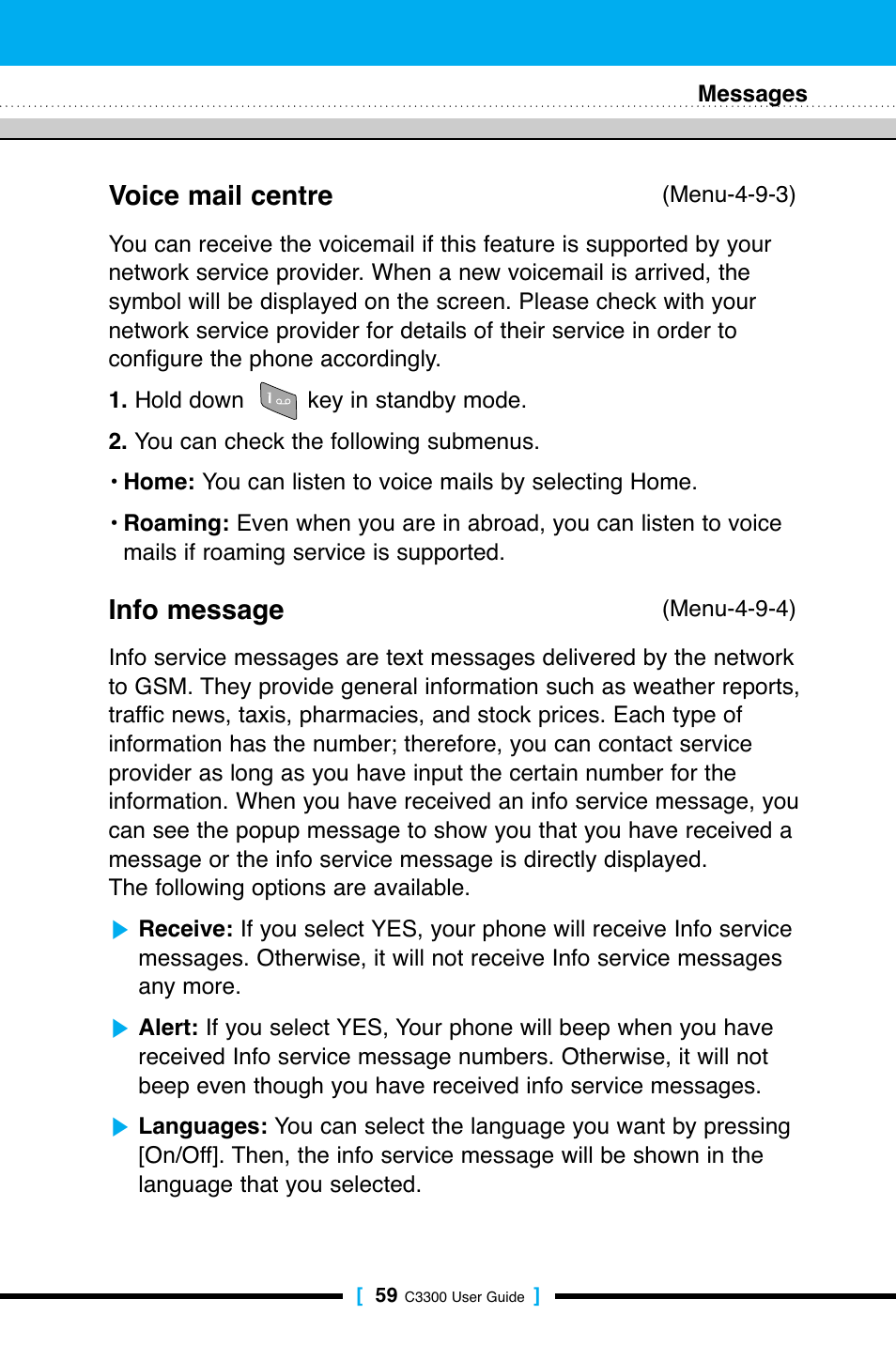Voice mail centre, Info message | LG C3300 User Manual | Page 58 / 99