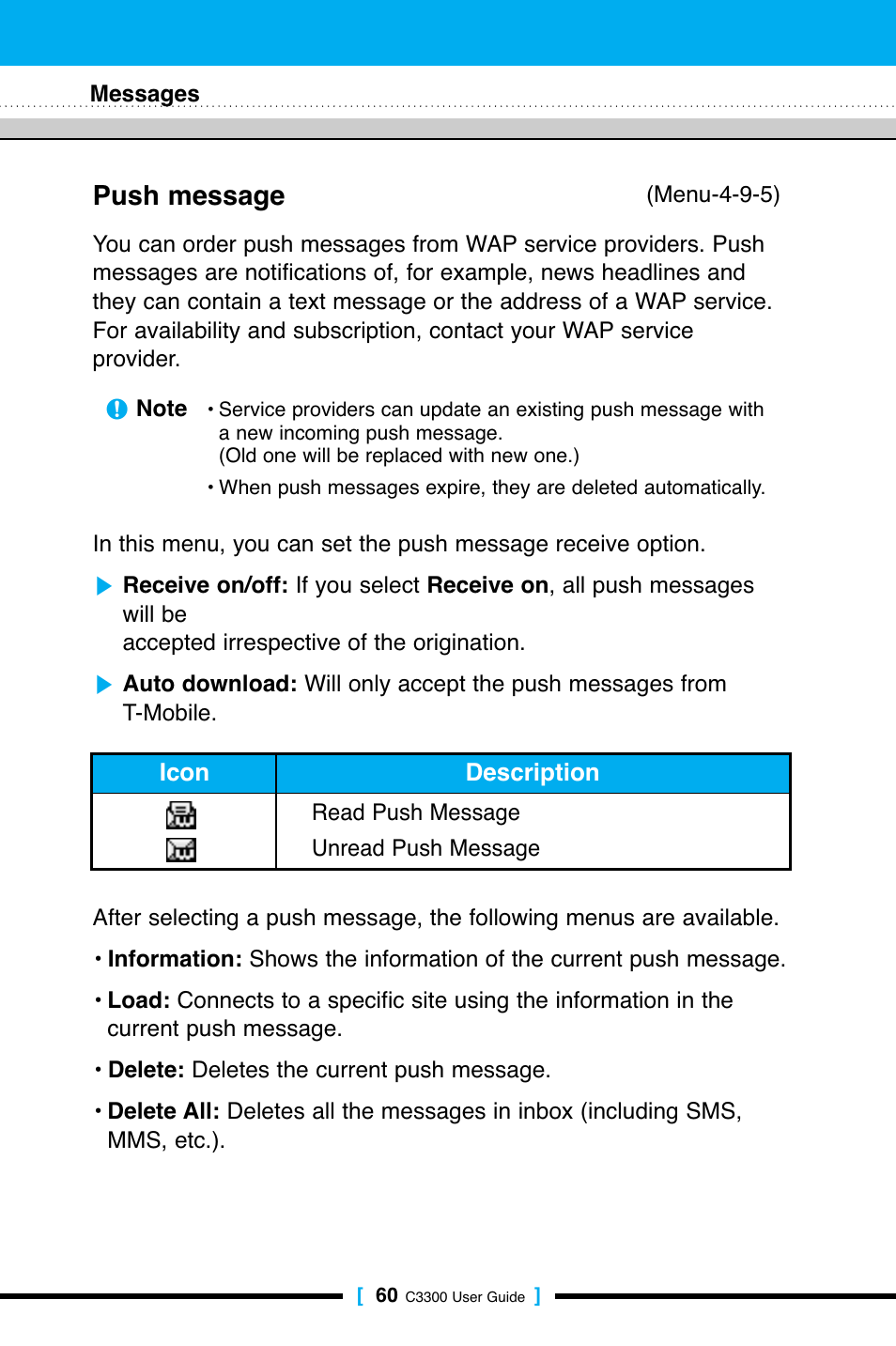 Push message | LG C3300 User Manual | Page 59 / 99