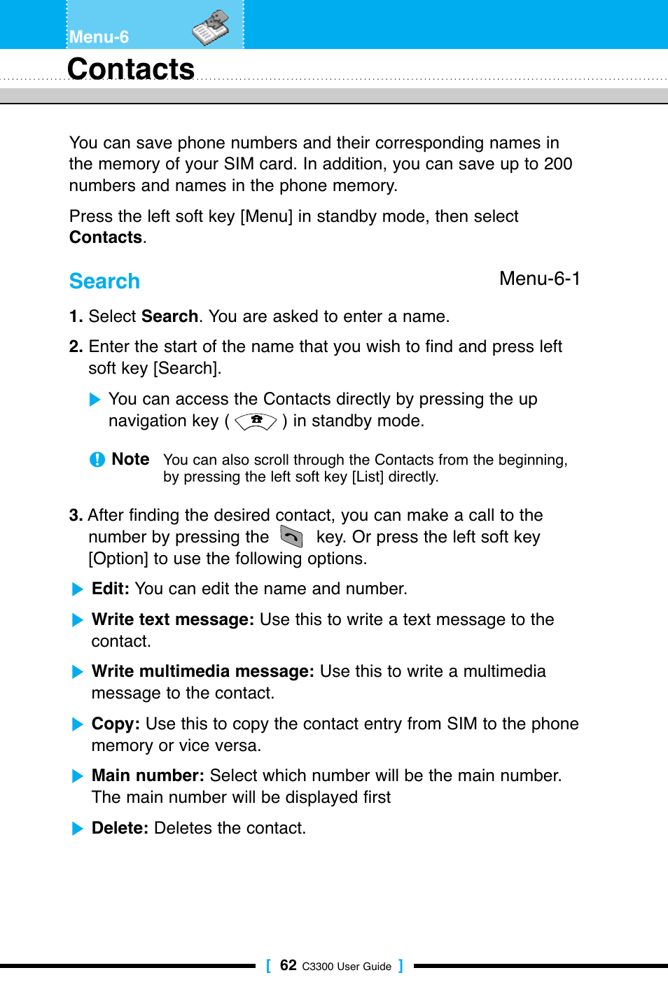 Contacts, Search | LG C3300 User Manual | Page 61 / 99