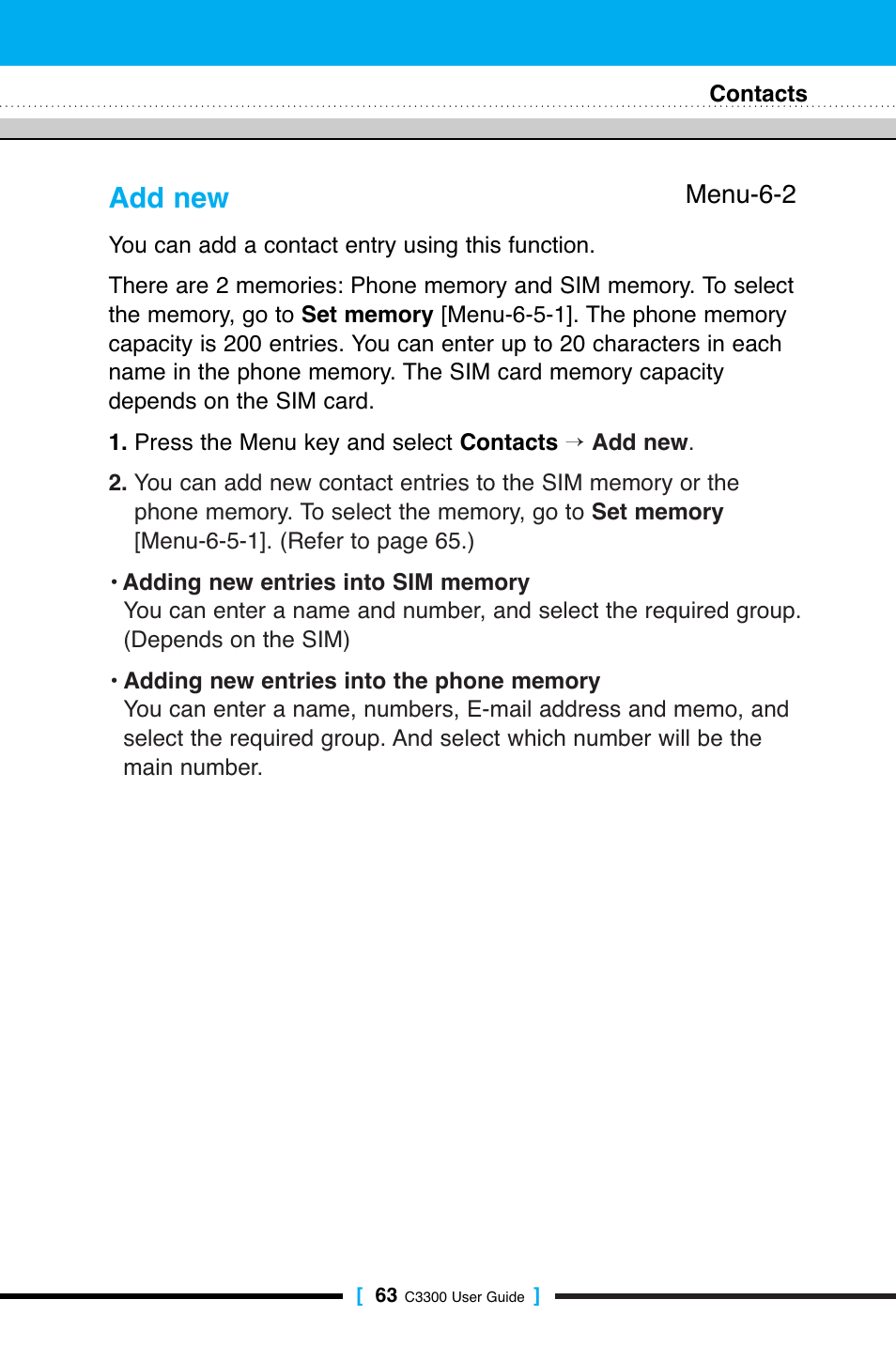 Add new, Menu-6-2 | LG C3300 User Manual | Page 62 / 99