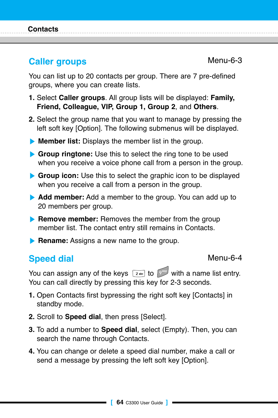 Caller groups, Speed dial | LG C3300 User Manual | Page 63 / 99