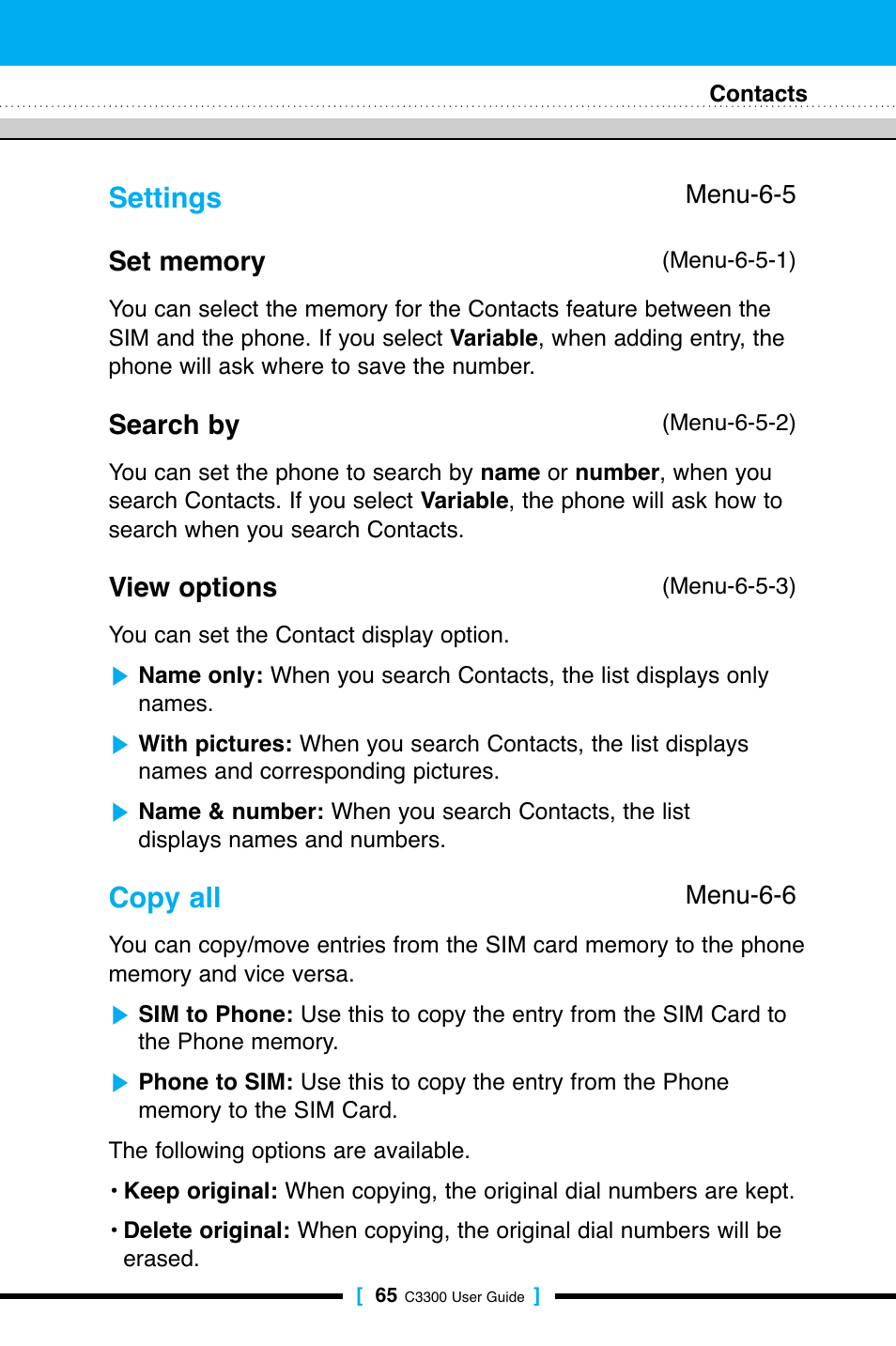 Settings, Copy all, Search by | View options | LG C3300 User Manual | Page 64 / 99