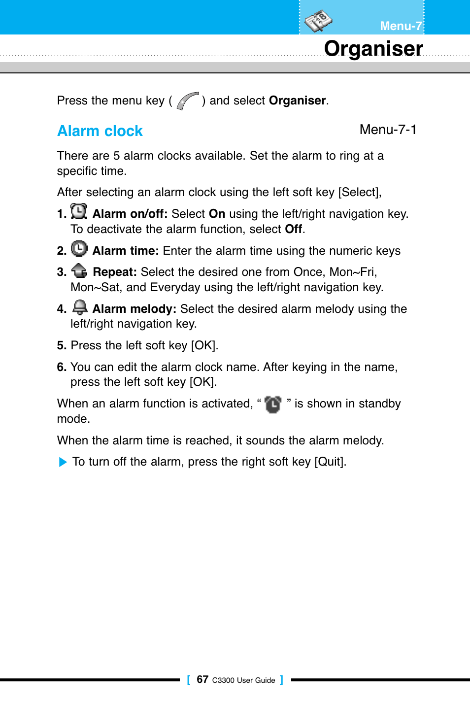 Organiser, Alarm clock | LG C3300 User Manual | Page 66 / 99