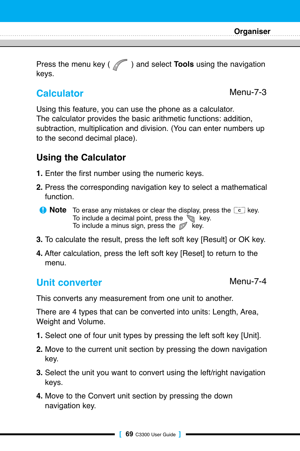 Calculator, Unit converter, Using the calculator | LG C3300 User Manual | Page 68 / 99