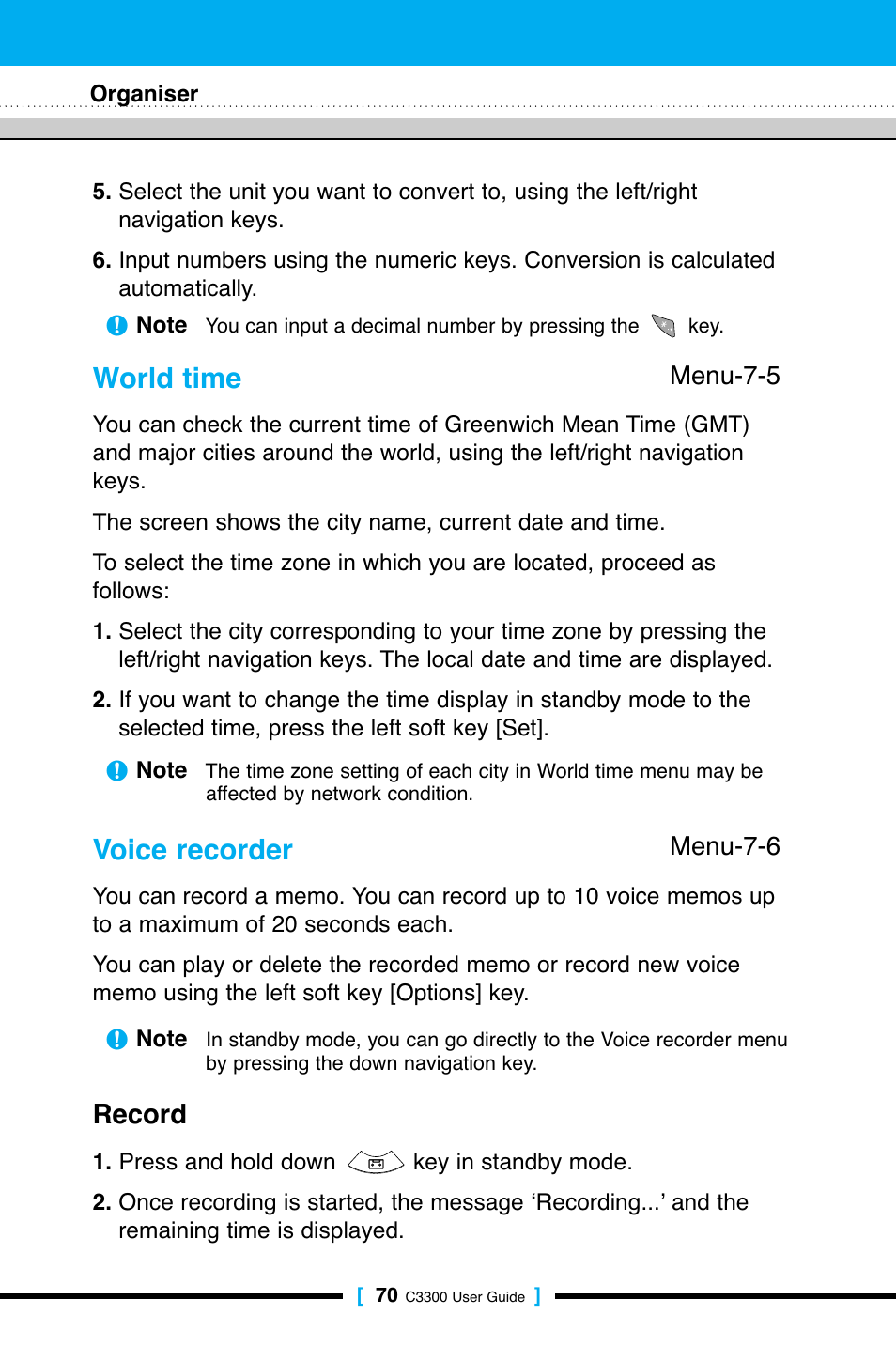 World time, Voice recorder, Record | LG C3300 User Manual | Page 69 / 99