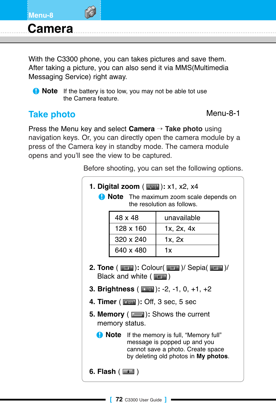 Camera, Take photo | LG C3300 User Manual | Page 71 / 99
