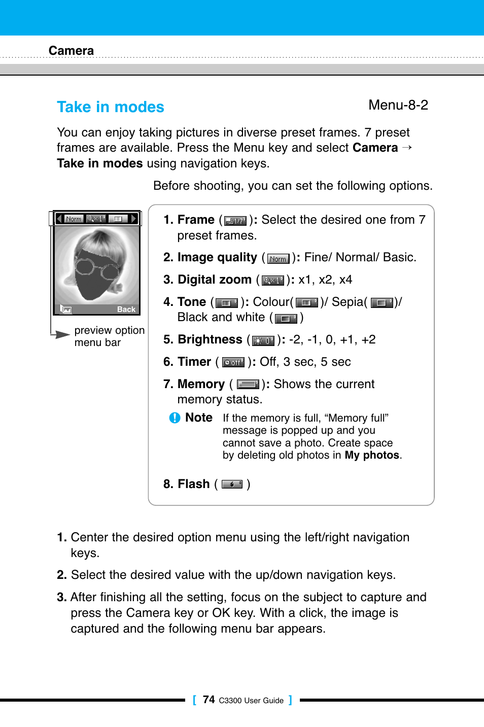 Take in modes, Menu-8-2 | LG C3300 User Manual | Page 73 / 99