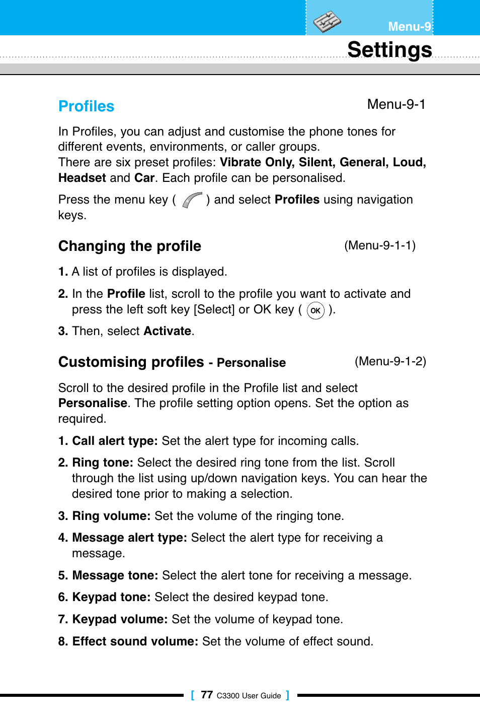 Settings, Profiles | LG C3300 User Manual | Page 76 / 99