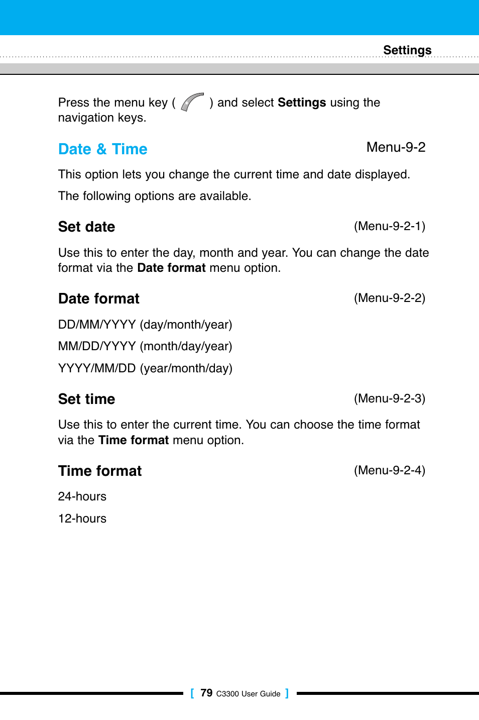 Date & time, Set date, Date format | Set time, Time format | LG C3300 User Manual | Page 78 / 99