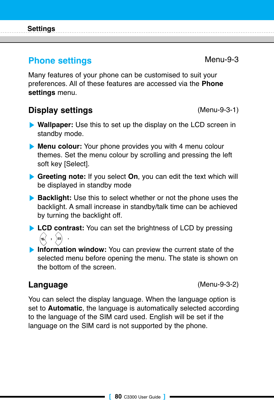Phone settings, Display settings, Language | LG C3300 User Manual | Page 79 / 99