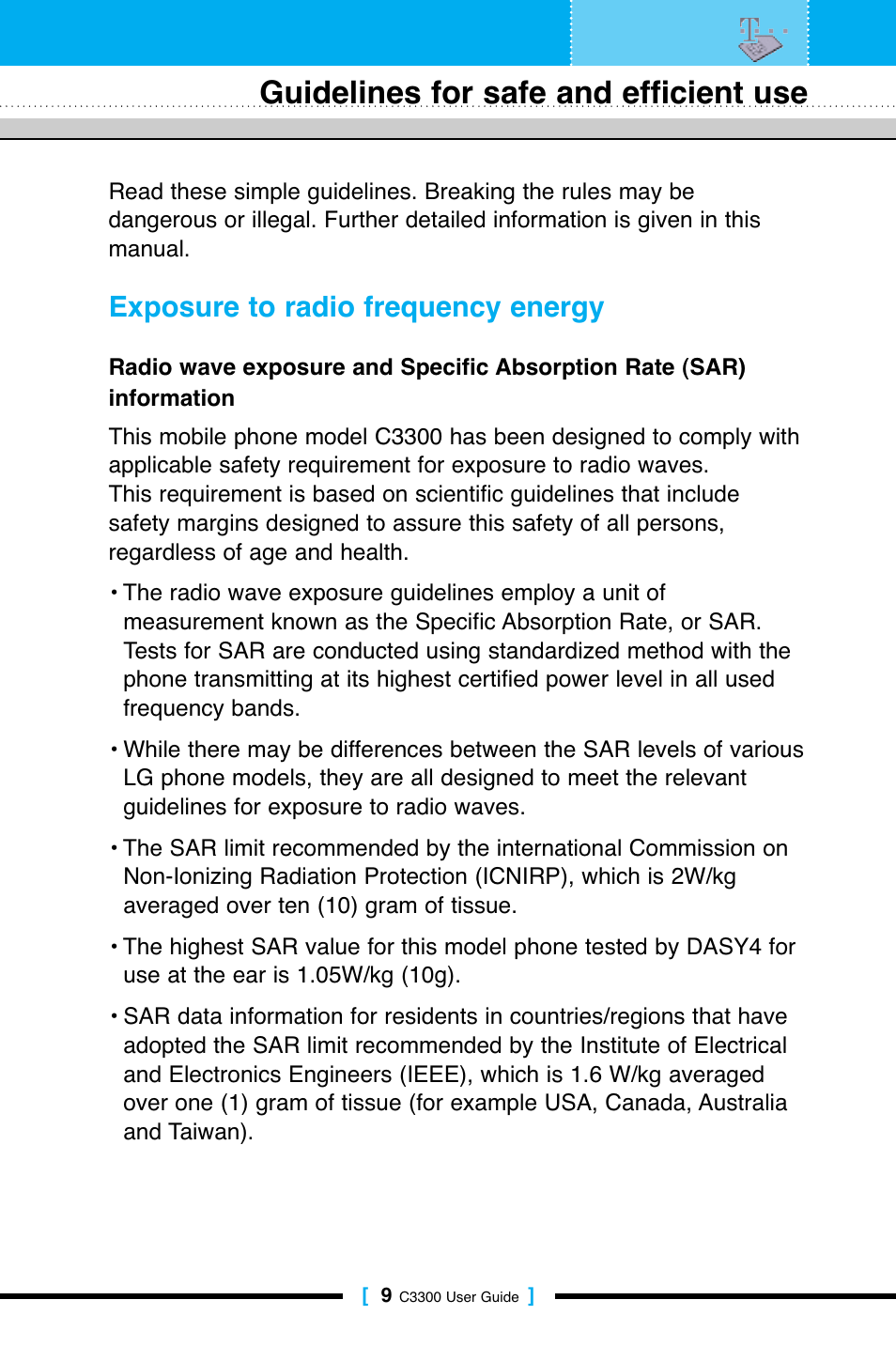Guidelines for safe and efficient use, Exposure to radio frequency energy | LG C3300 User Manual | Page 8 / 99
