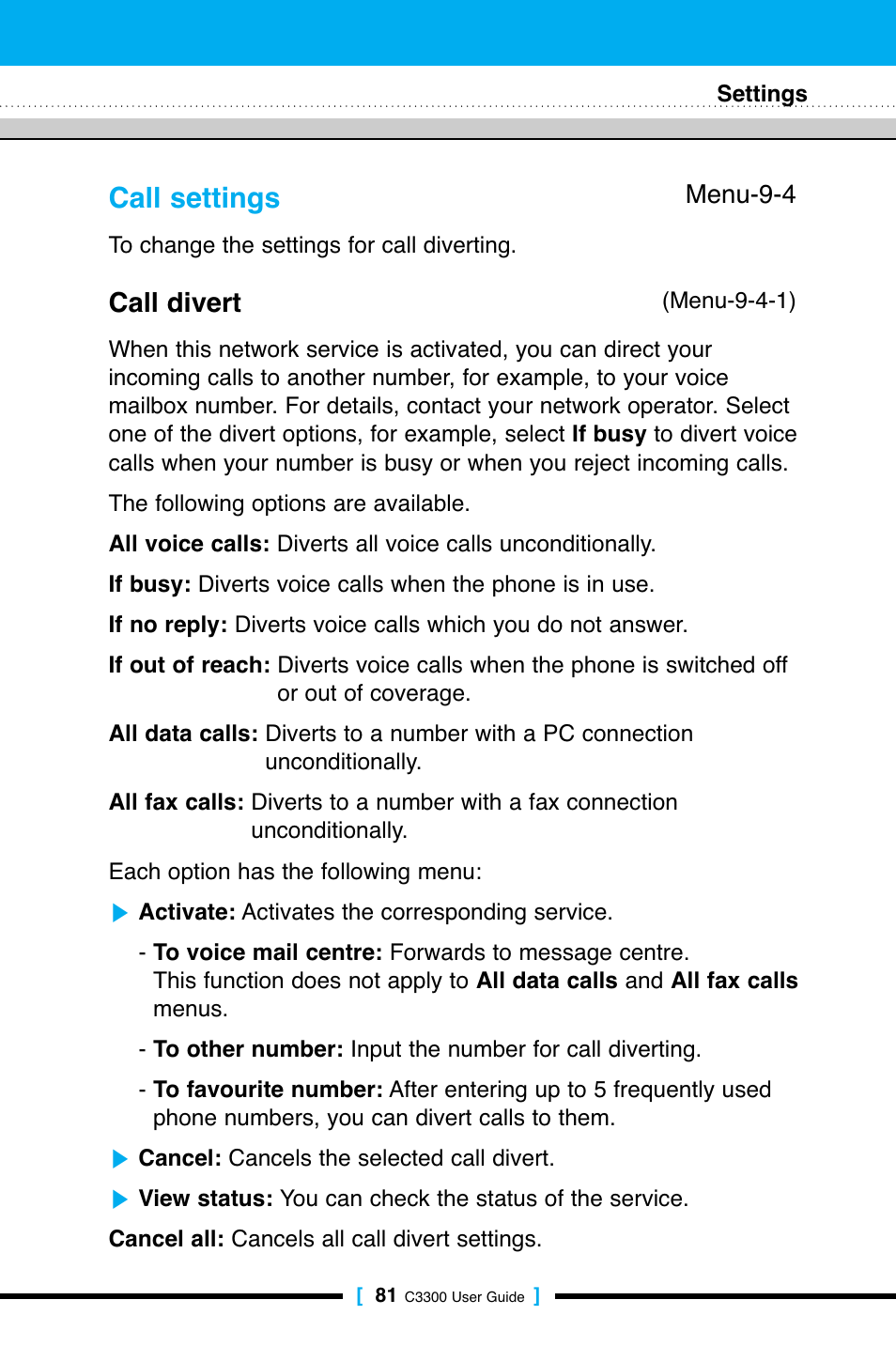 Call settings, Call divert | LG C3300 User Manual | Page 80 / 99