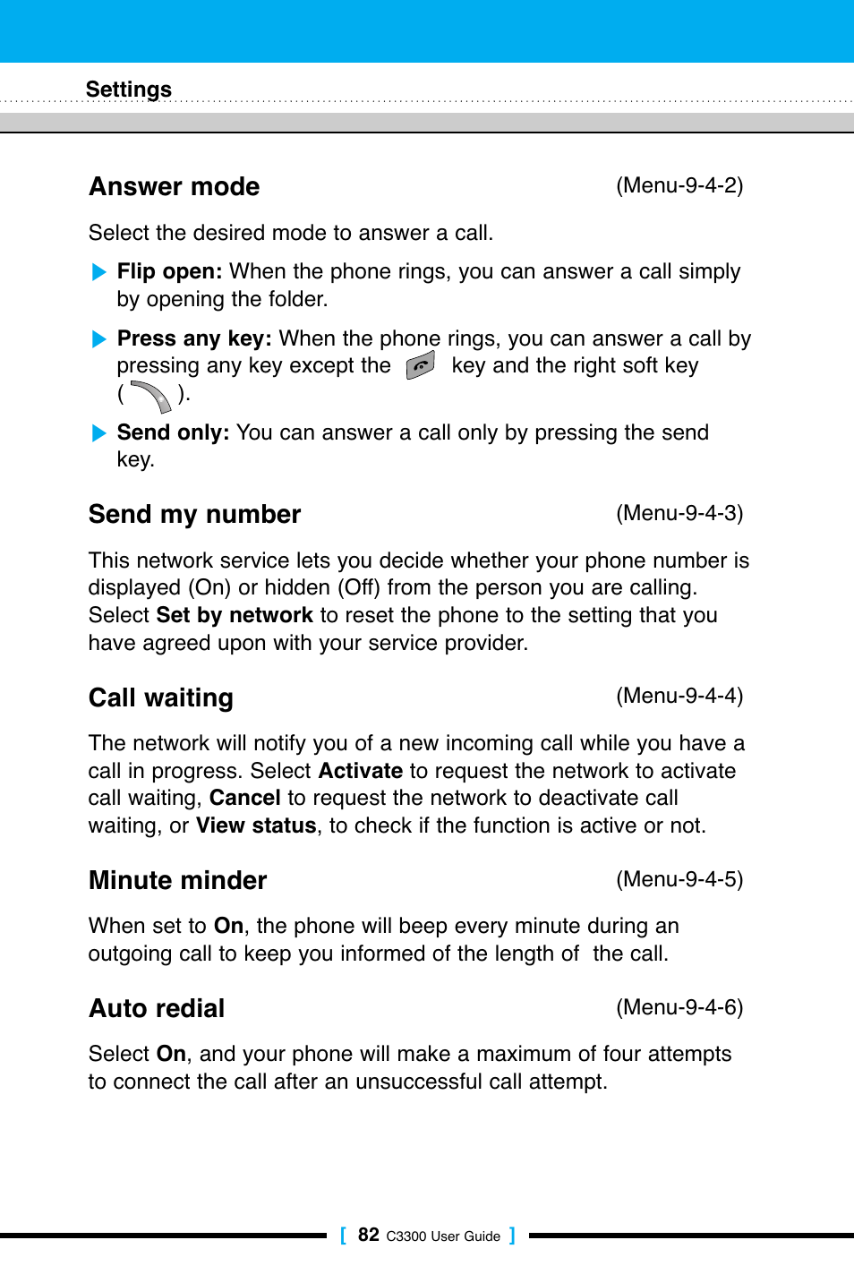 Answer mode, Send my number, Call waiting | Minute minder, Auto redial | LG C3300 User Manual | Page 81 / 99