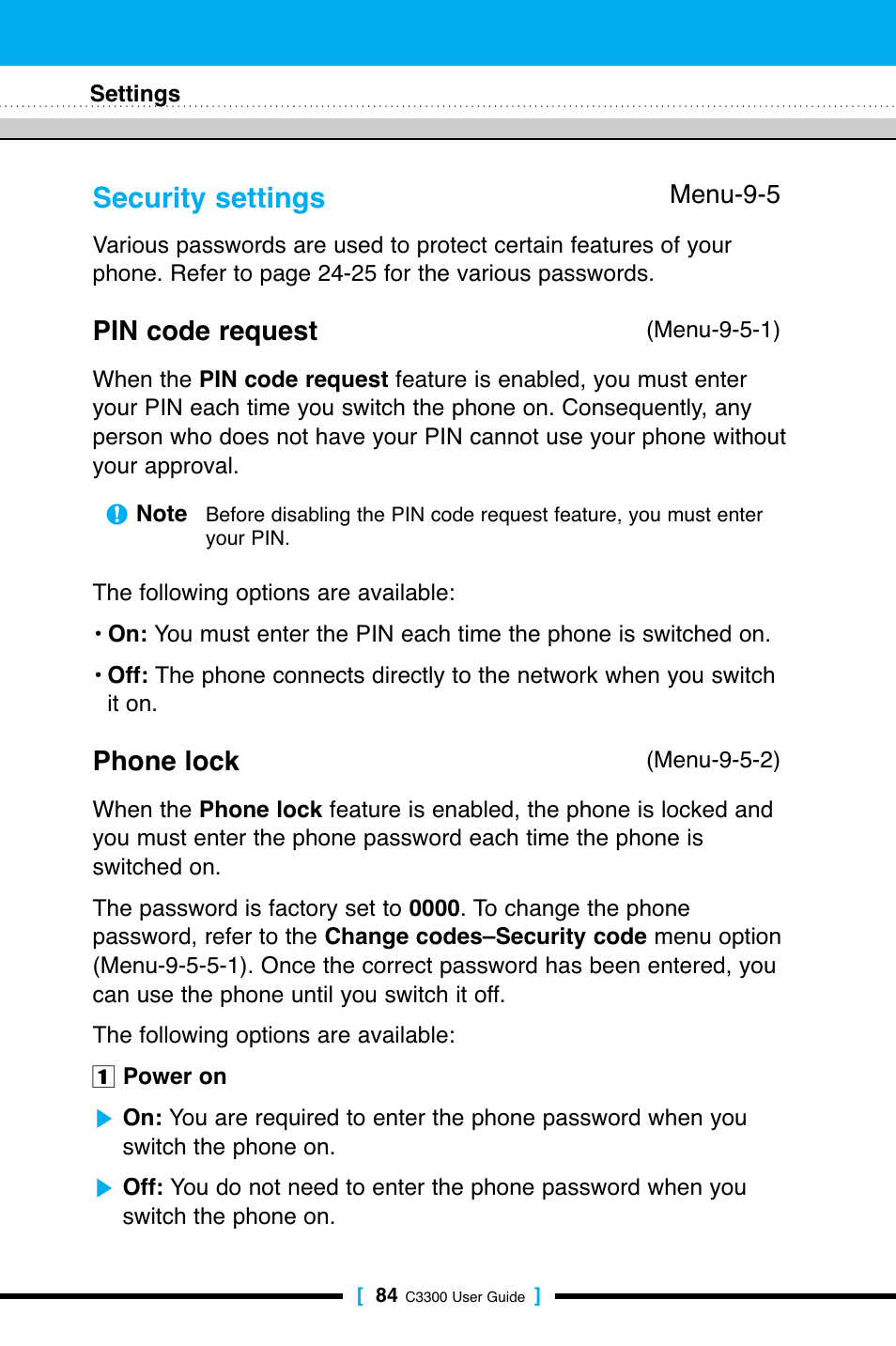 Security settings, Pin code request, Phone lock | LG C3300 User Manual | Page 83 / 99