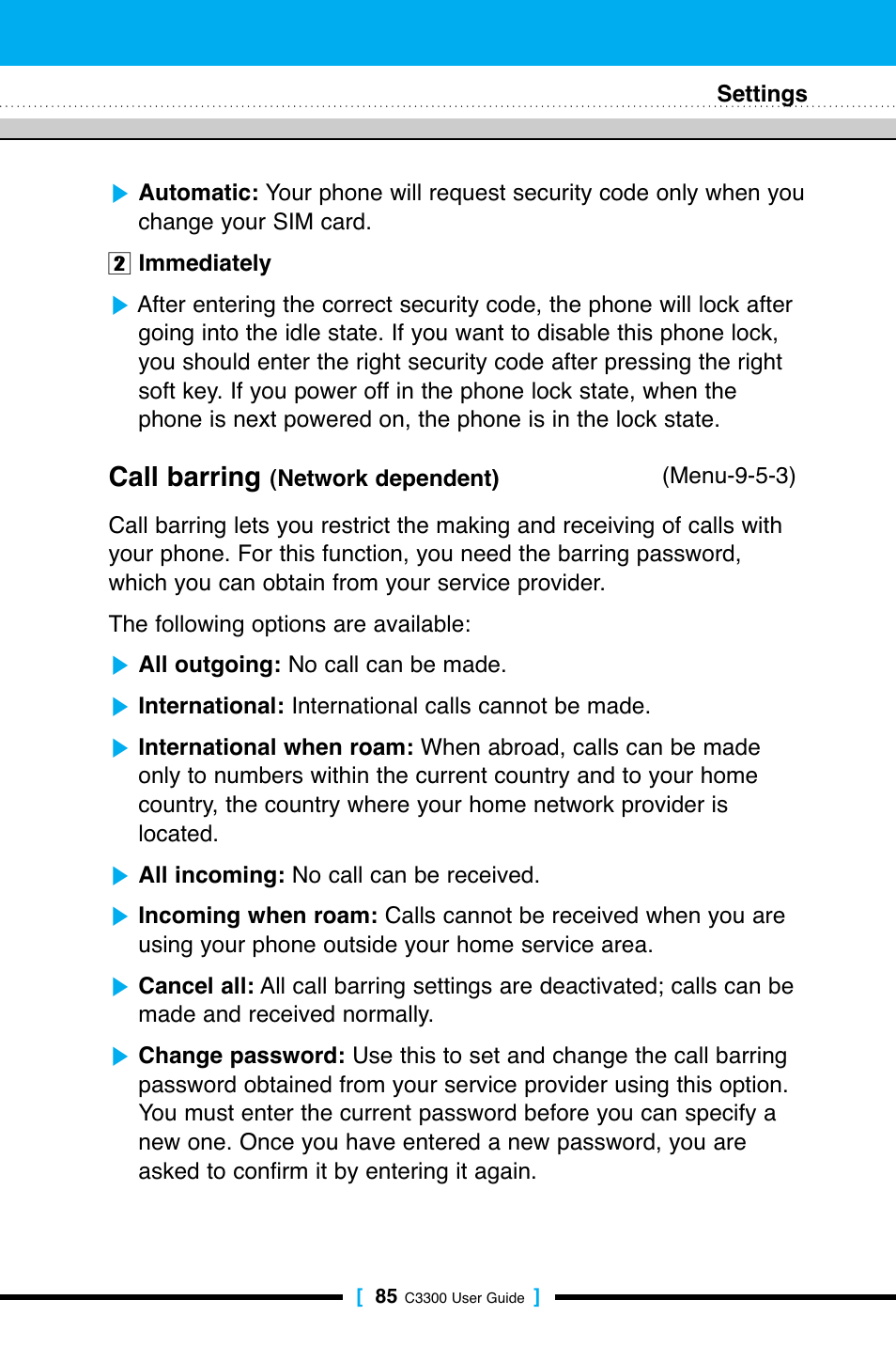 Call barring | LG C3300 User Manual | Page 84 / 99