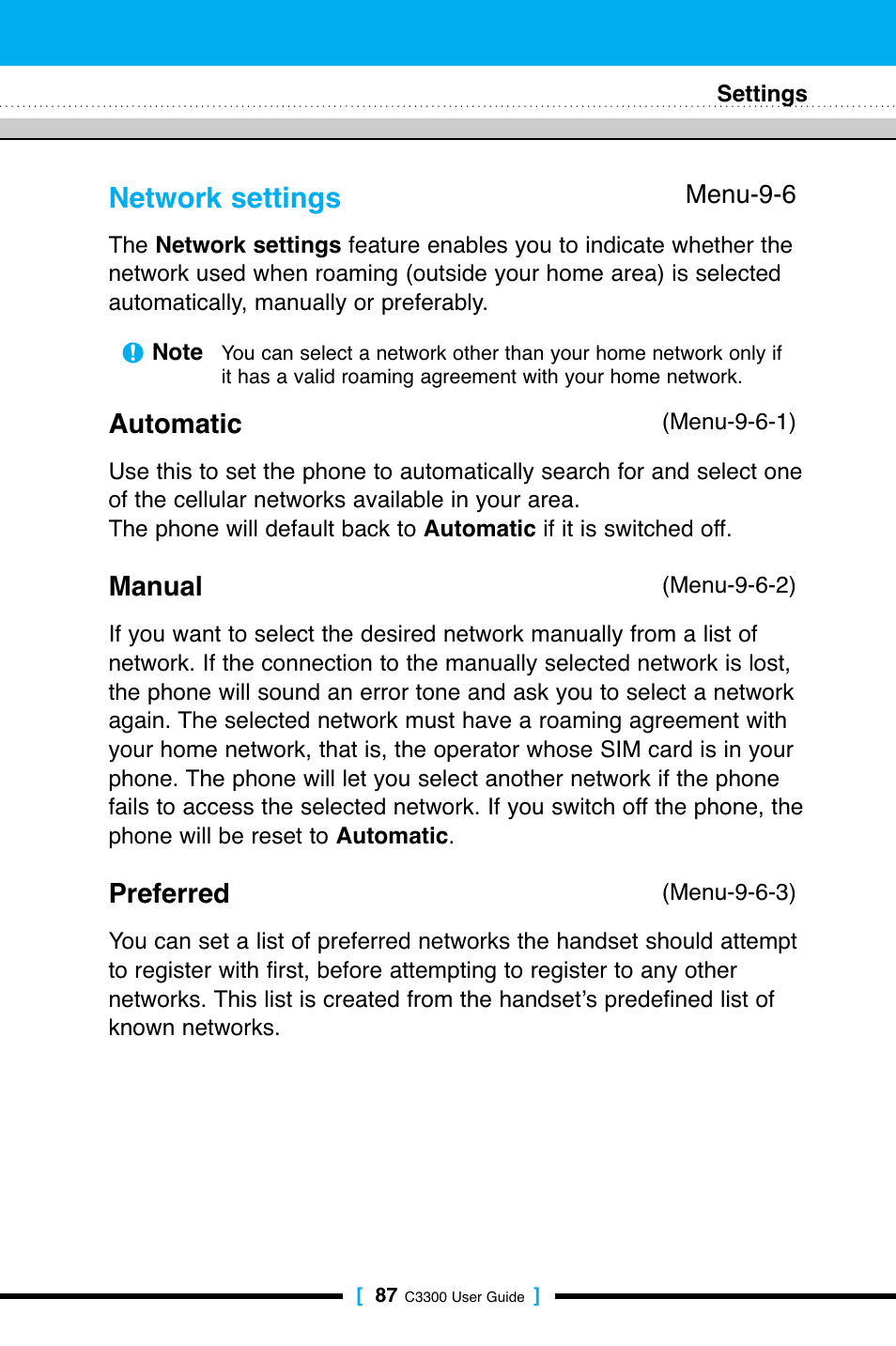 Network settings, Automatic, Manual | Preferred | LG C3300 User Manual | Page 86 / 99
