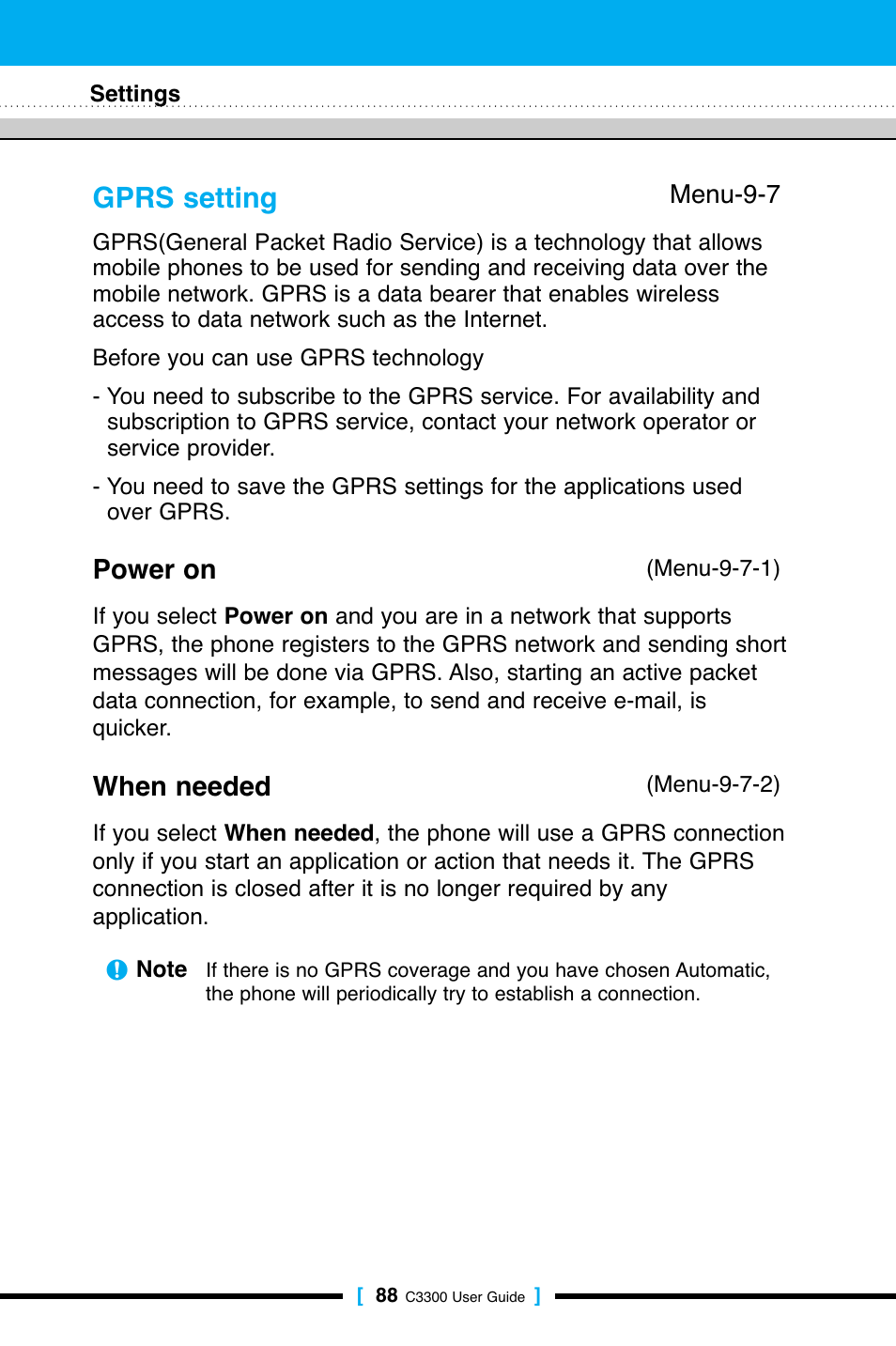 Gprs setting, Power on, When needed | LG C3300 User Manual | Page 87 / 99