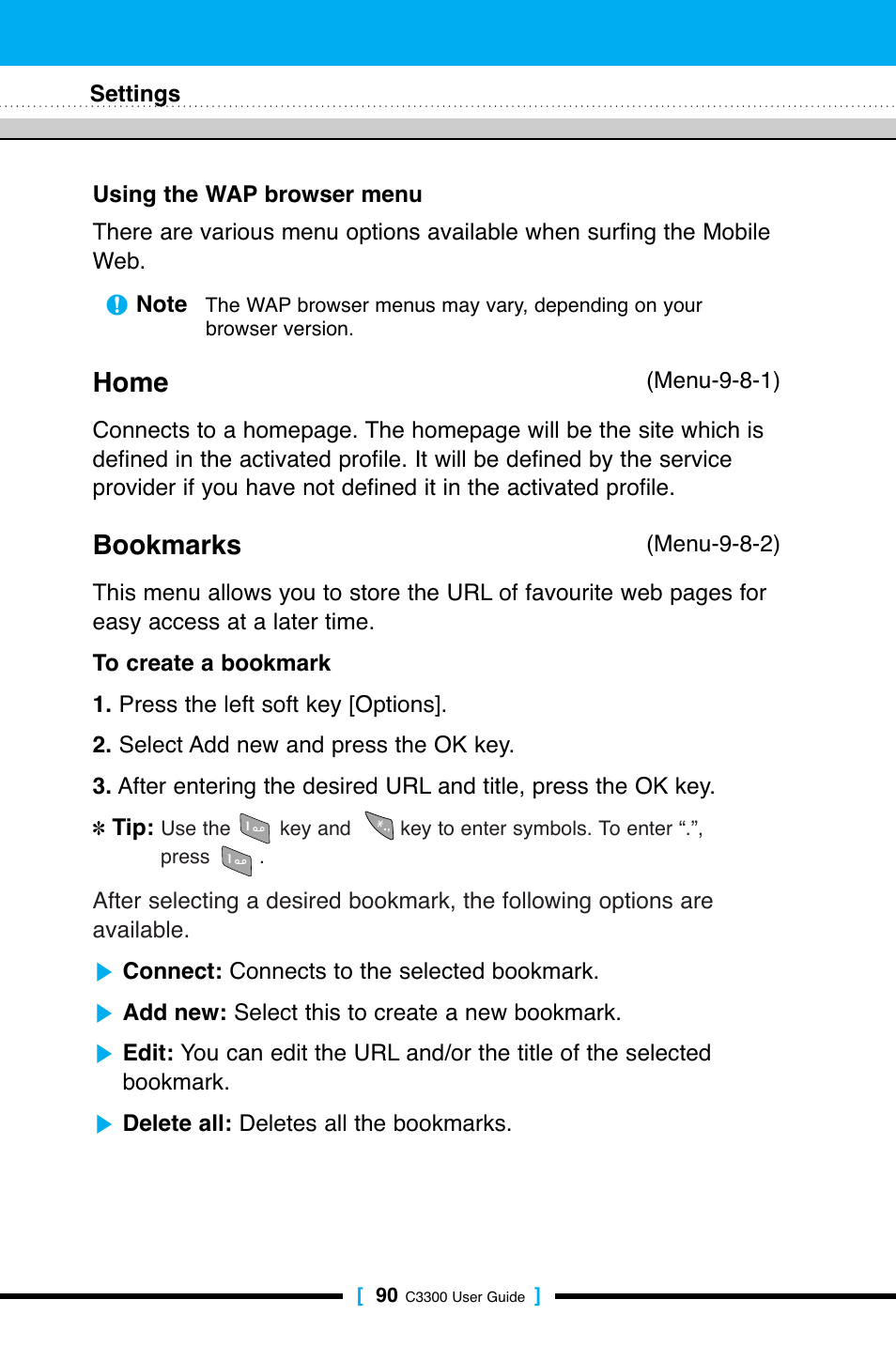 Home, Bookmarks | LG C3300 User Manual | Page 89 / 99