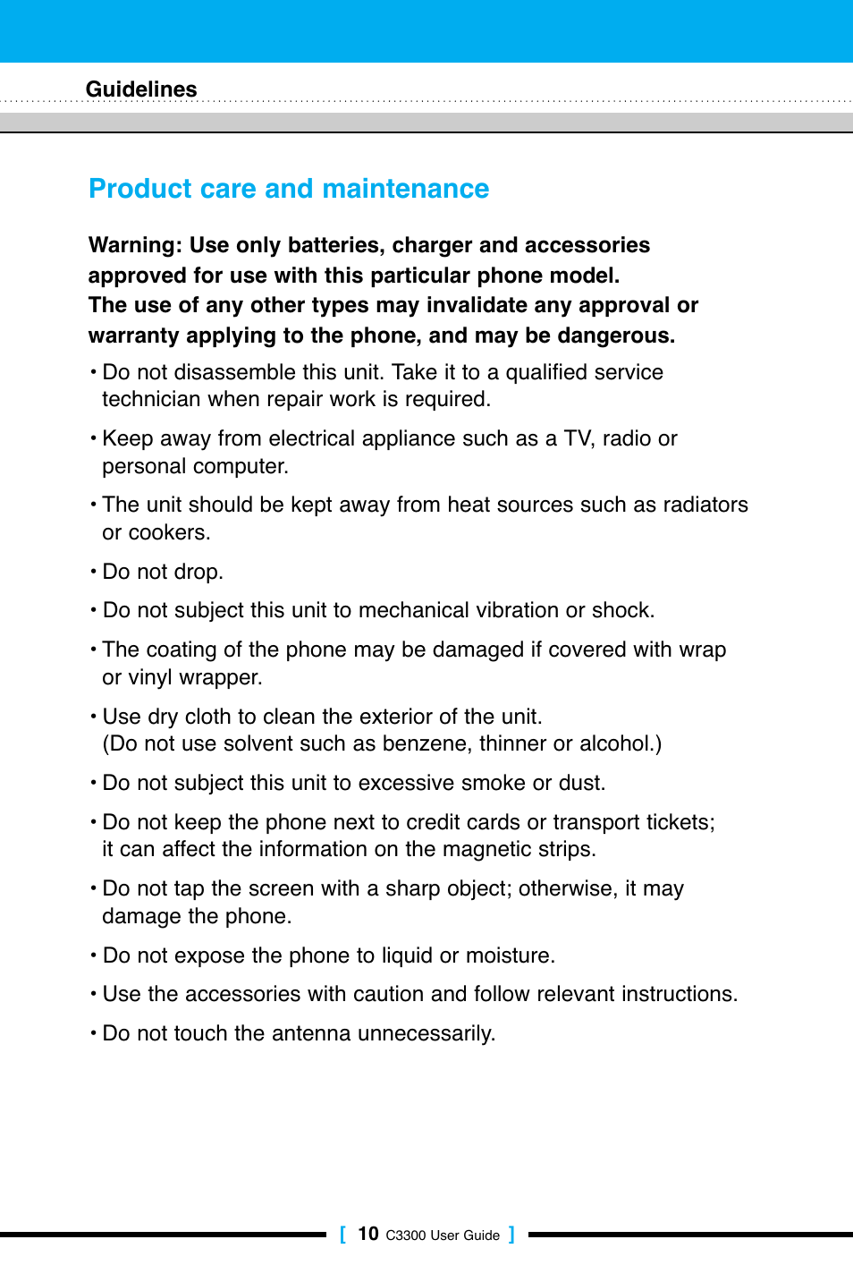 Product care and maintenance | LG C3300 User Manual | Page 9 / 99