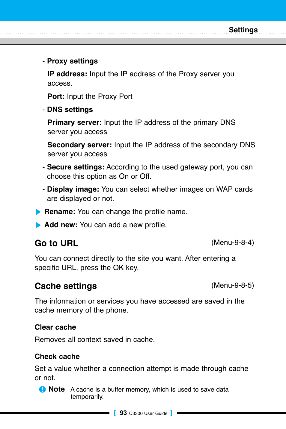 Go to url, Cache settings | LG C3300 User Manual | Page 92 / 99
