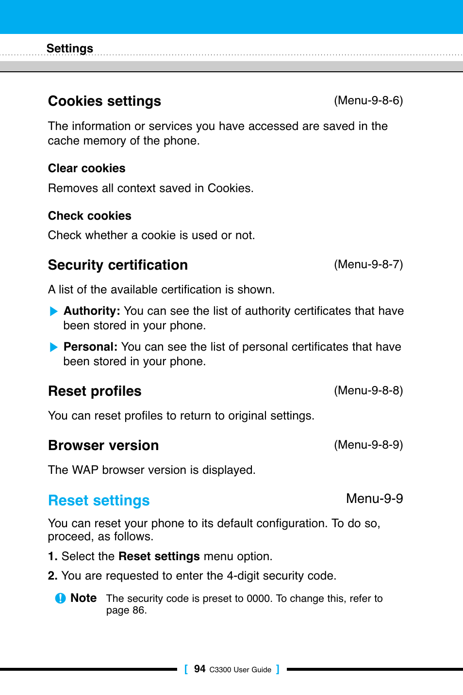 Reset settings, Cookies settings, Security certification | Reset profiles, Browser version | LG C3300 User Manual | Page 93 / 99