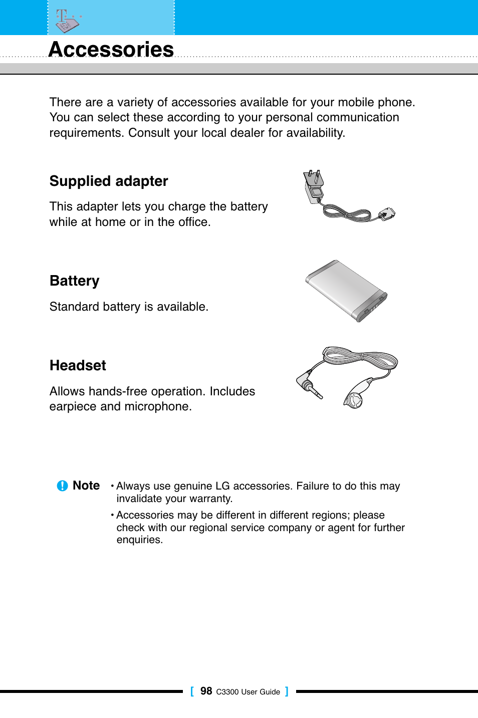 Accessories, Supplied adapter, Battery | Headset | LG C3300 User Manual | Page 97 / 99