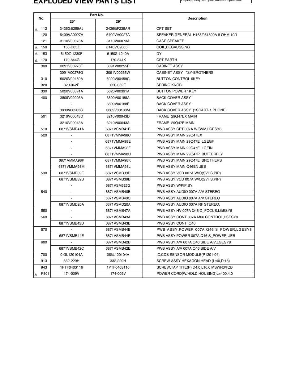 Exploded view parts list | LG Color TV CT-25 User Manual | Page 15 / 29