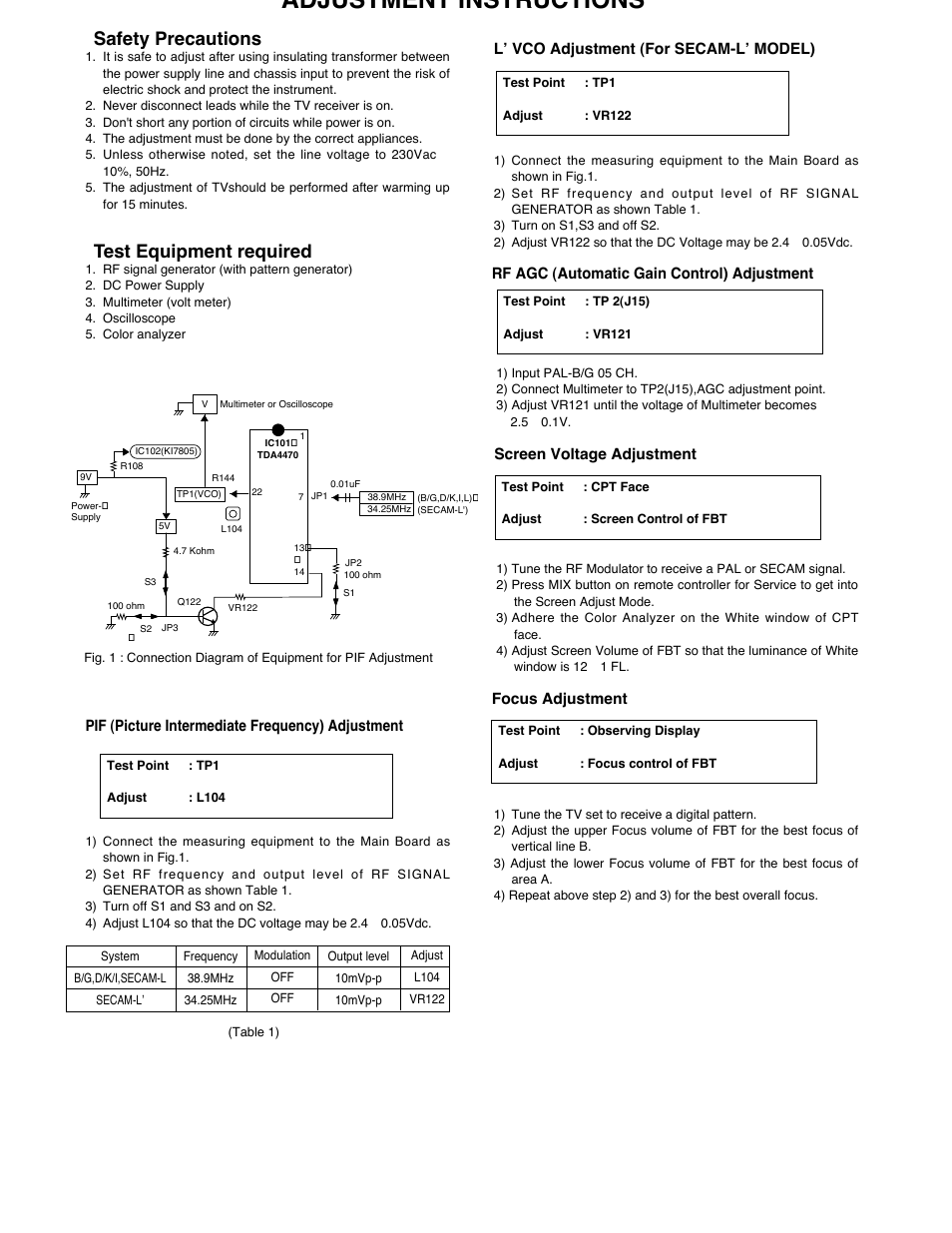 Adjustment instructions, Safety precautions, Test equipment required | LG Color TV CT-25 User Manual | Page 9 / 29