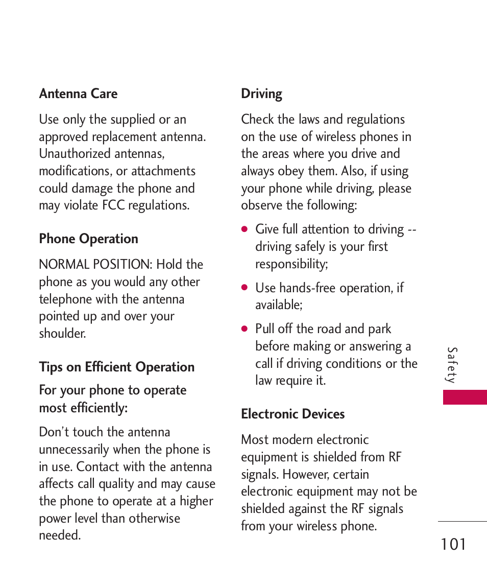 Antenna care, Phone operation, Tips on efficient operation | Driving, Electronic devices | LG Banter Touch MMBB0393601 User Manual | Page 103 / 145