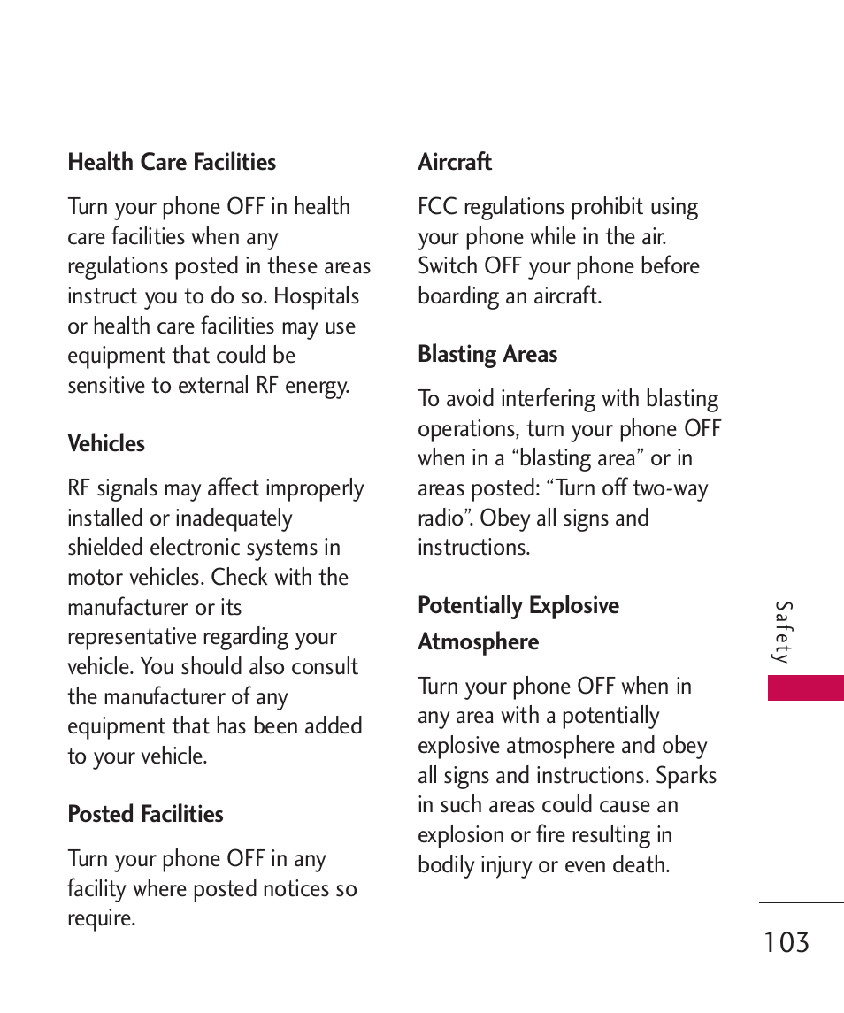 Health care facilities, Vehicles, Posted facilities | Aircraft, Blasting areas, Potentially explosive atmosp, Potentially explosive atmosphere 103 | LG Banter Touch MMBB0393601 User Manual | Page 105 / 145