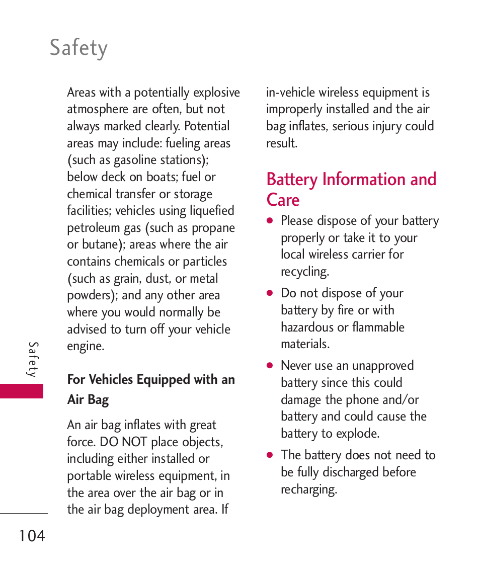 For vehicles equipped with a, Battery information and care, For vehicles equipped with an air bag | Battery information and care, Safety | LG Banter Touch MMBB0393601 User Manual | Page 106 / 145