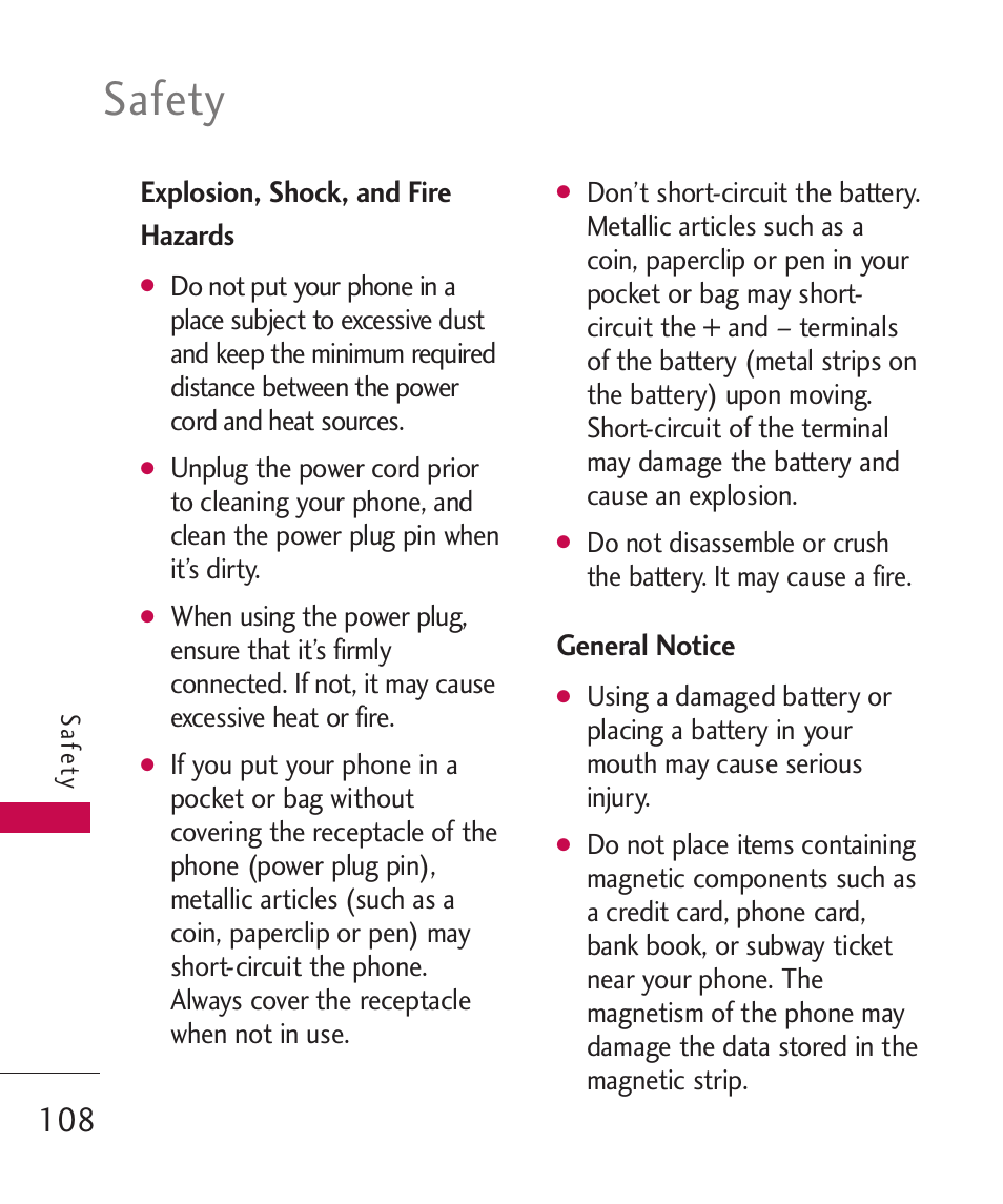 Explosion, shock, and fire h, General notice, Explosion, shock, and fire hazards108 | Safety, Explosion, shock, and fire hazards | LG Banter Touch MMBB0393601 User Manual | Page 110 / 145