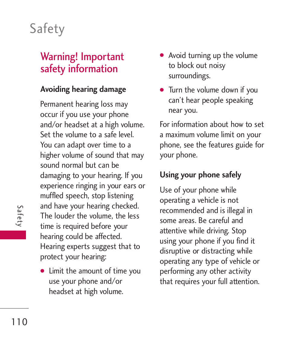 Warning! important safety in, Avoiding hearing damage, Using your phone safely | Warning! important safety information, Safety | LG Banter Touch MMBB0393601 User Manual | Page 112 / 145