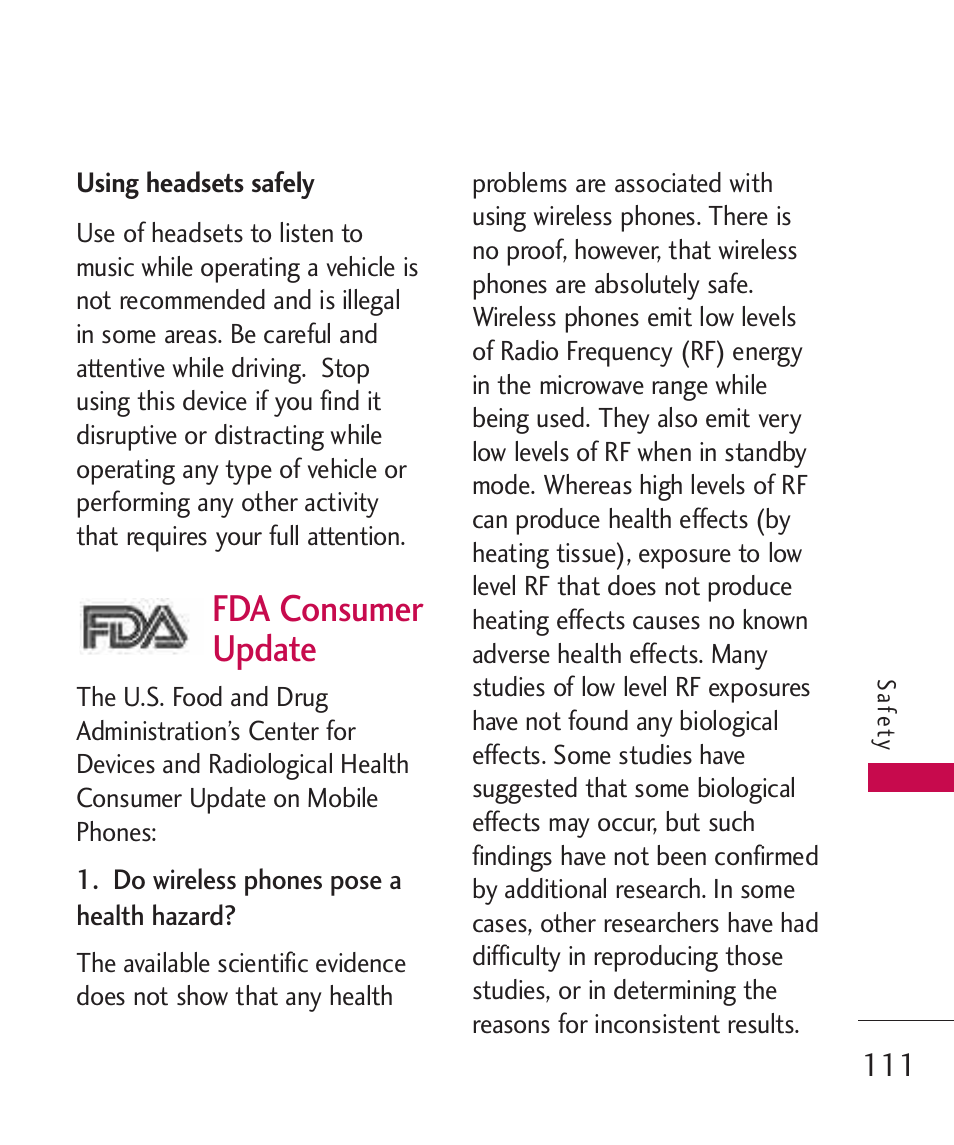 Using headsets safely, Fda consumer update | LG Banter Touch MMBB0393601 User Manual | Page 113 / 145