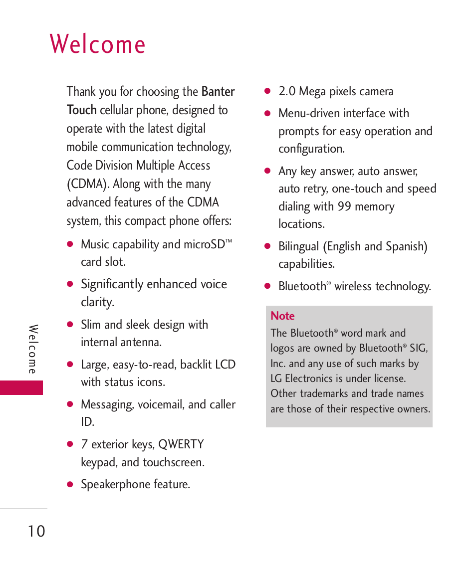 Welcome, Banter touch, Significantly enhanced voice clarity | LG Banter Touch MMBB0393601 User Manual | Page 12 / 145