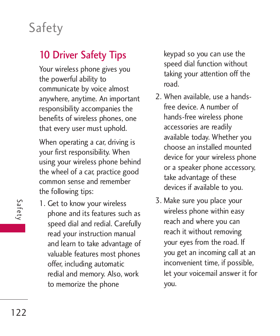 10 driver safety tips, Safety | LG Banter Touch MMBB0393601 User Manual | Page 124 / 145