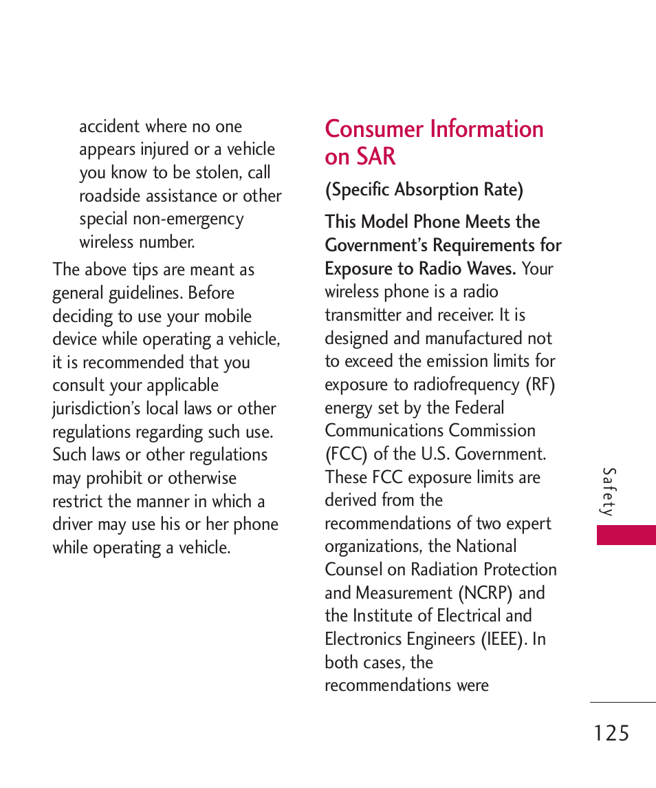 Consumer information on sar, Consumer information on sar | LG Banter Touch MMBB0393601 User Manual | Page 127 / 145