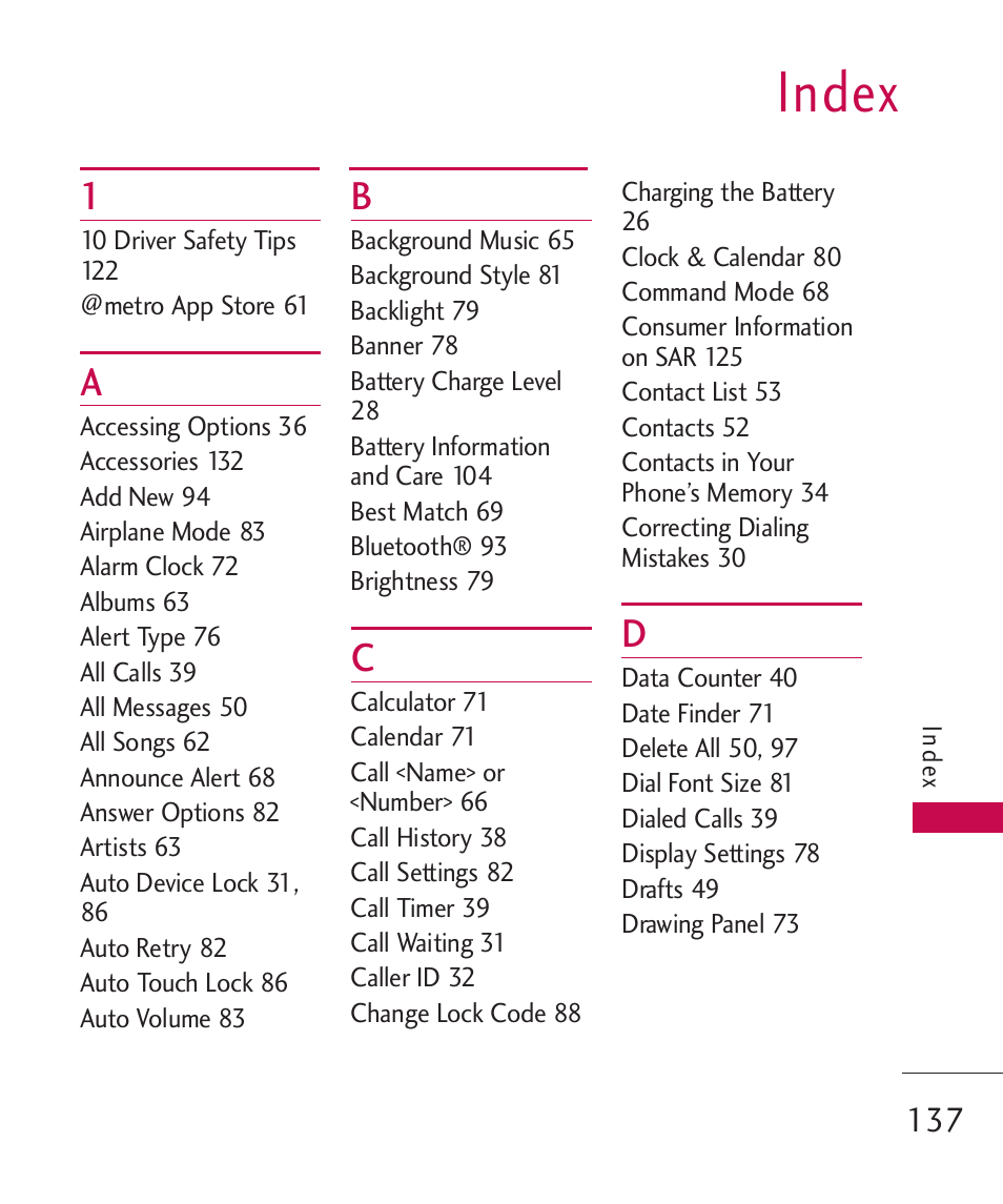 Index | LG Banter Touch MMBB0393601 User Manual | Page 139 / 145