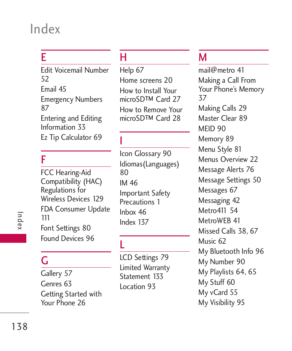 Index | LG Banter Touch MMBB0393601 User Manual | Page 140 / 145