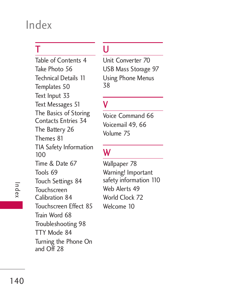 Index | LG Banter Touch MMBB0393601 User Manual | Page 142 / 145