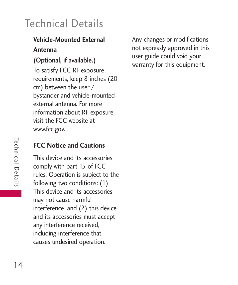 Vehicle-mounted external ant, Fcc notice and cautions, Vehicle-mounted external antenna 14 | Technical details | LG Banter Touch MMBB0393601 User Manual | Page 16 / 145