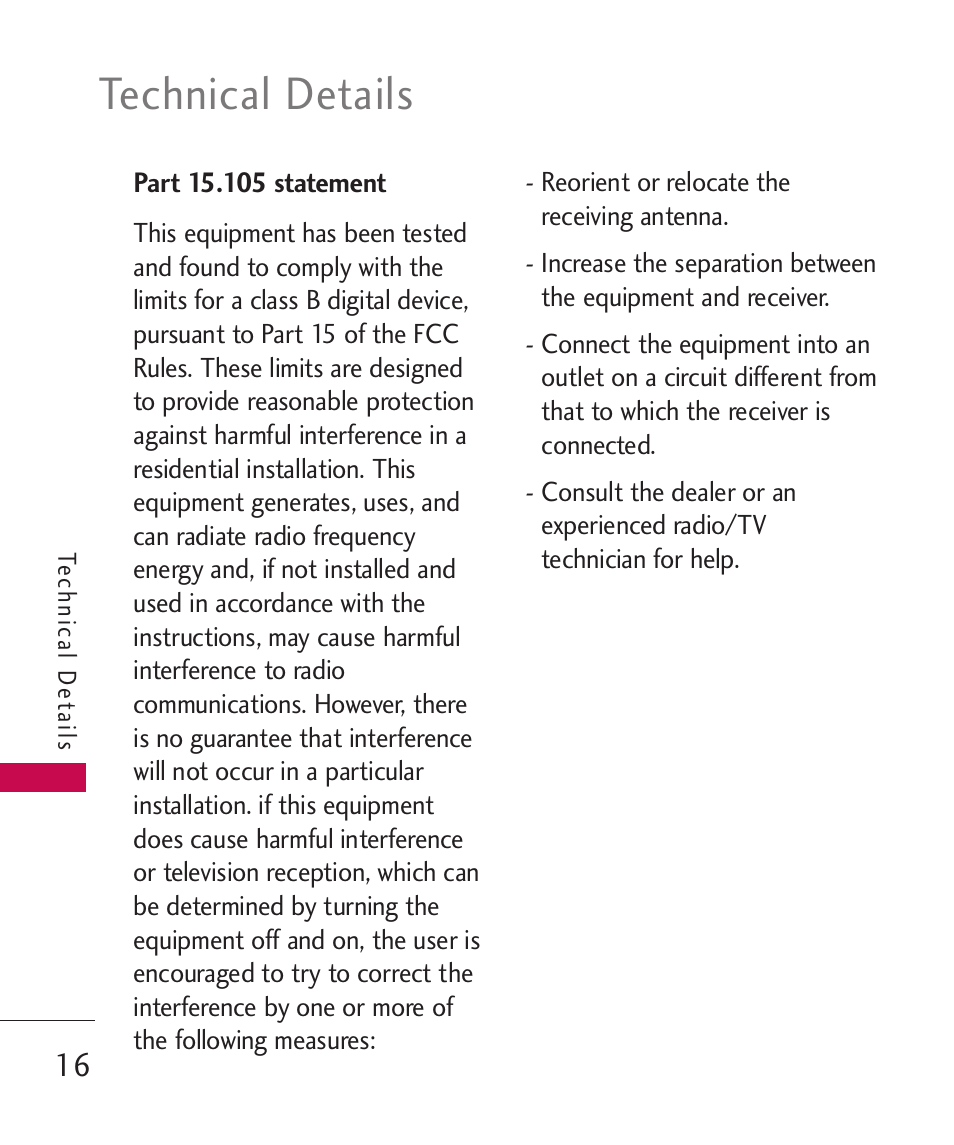 Part 15.105 statement, Technical details | LG Banter Touch MMBB0393601 User Manual | Page 18 / 145