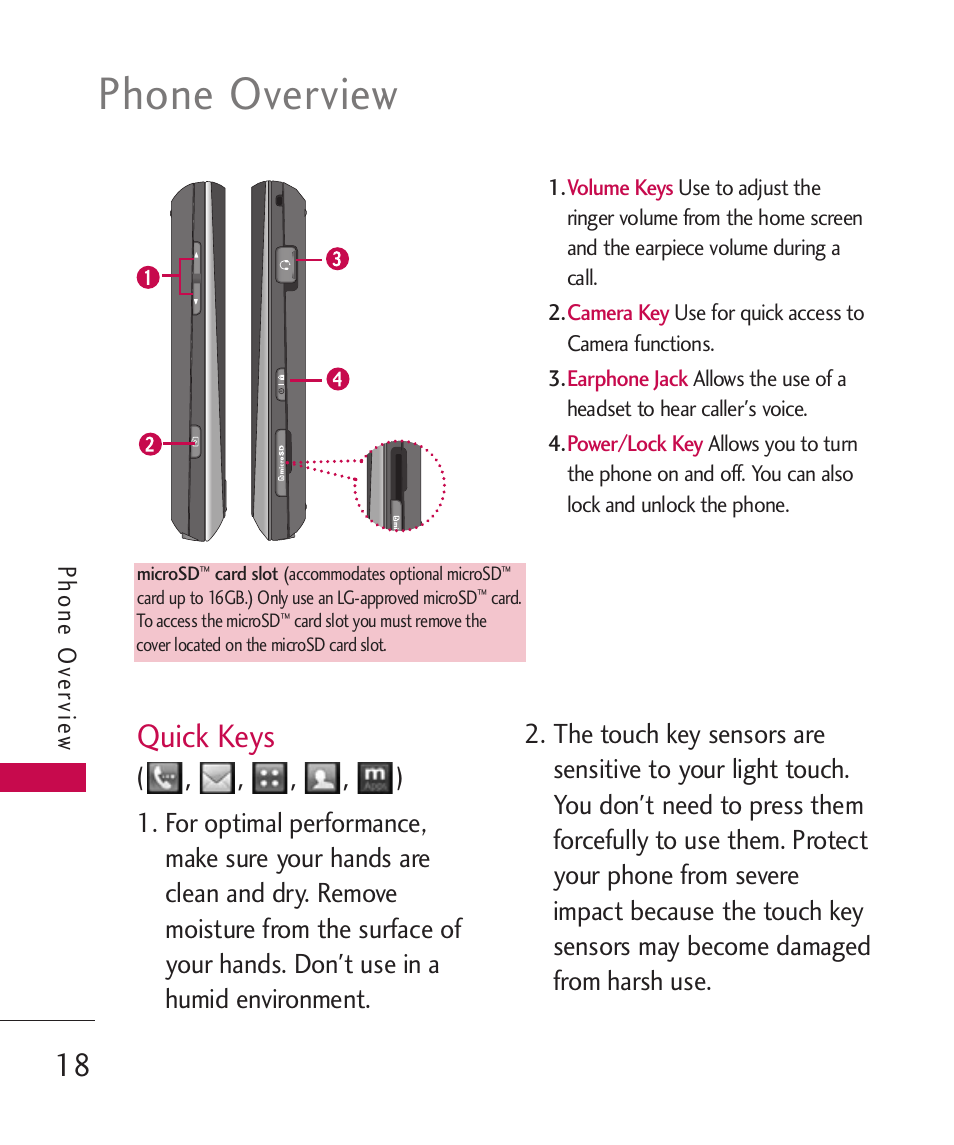 Quick keys, Phone overview | LG Banter Touch MMBB0393601 User Manual | Page 20 / 145